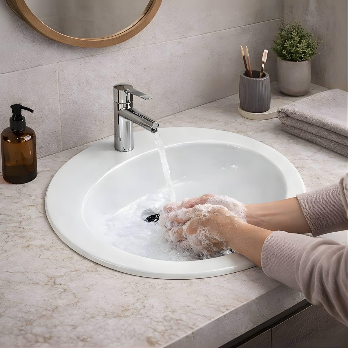 LAVABO Incasso TONDO Ceramica - Lavandino Soprapiano OVAL L. 57 x 48 cm Monoforo Pred. a 3 Fori