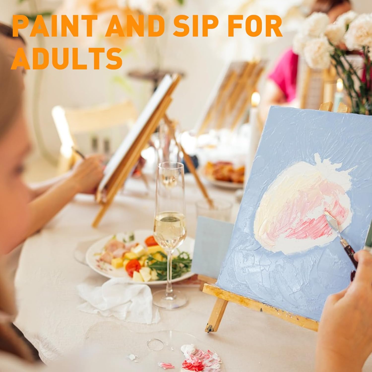 ESRICH 12 Pack 8x10 Canvas and Easel Set, Mini Acrylic Paint, Paint Brushes, Palettes, Aprons, Painting Kits for Adults Couples Friends Date Night Sip and Paint Party Supplies