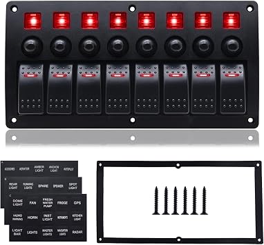 Geloo 8 Gang Marine Rocker Switch Panel, Boat Switch Panel Waterproof, 12V Switch Panel with Red LED Light, Aluminum Switch Panel for Car RV Truck with 5A 10A 15A Circuit Breaker