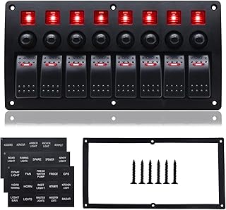 Geloo 8 Gang Marine Rocker Switch Panel, Boat Switch Panel Waterproof, 12V Switch Panel with Red LED Light, Aluminum Switch Panel for Car RV Truck with 5A 10A 15A Circuit Breaker