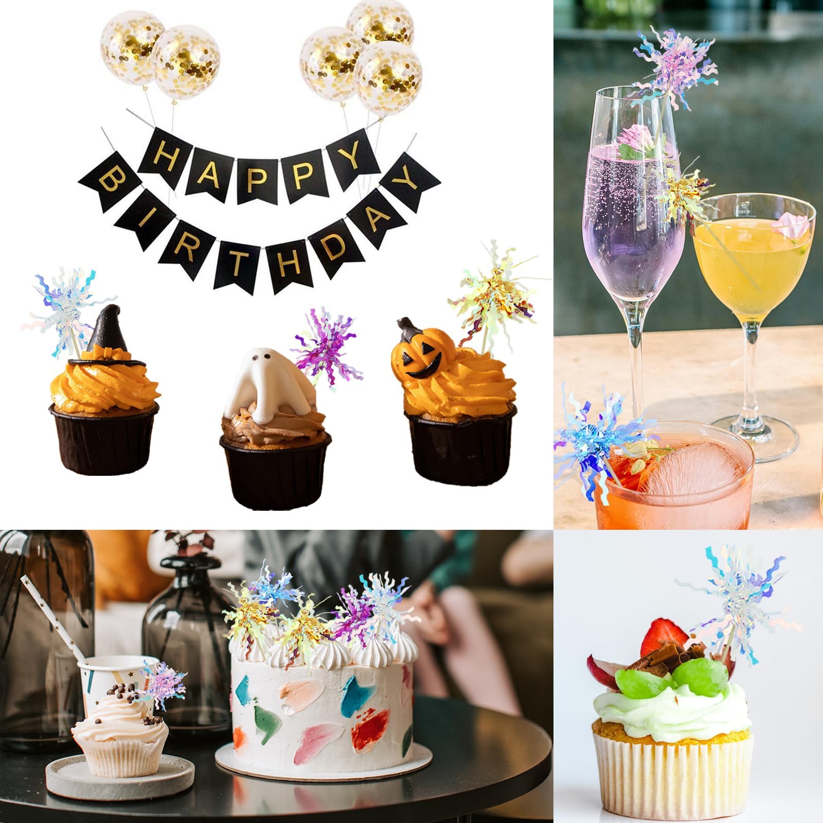 SHEHARUHI 50 stuks folie-vuurwerk cupcaketoppers, glitter sprankelend klatergoud franje tandenstokers voor cake cocktail voedsel fruitdecoratie (roze, blauw, diep paars, geel, wit SHEHARUHI 50 stuks folie-vuurwerk cupcaketoppers, glitter sprankelend klatergoud franje tandenstokers voor cake cocktail voedsel fruitdecoratie (roze, blauw, diep paars, geel, wit
