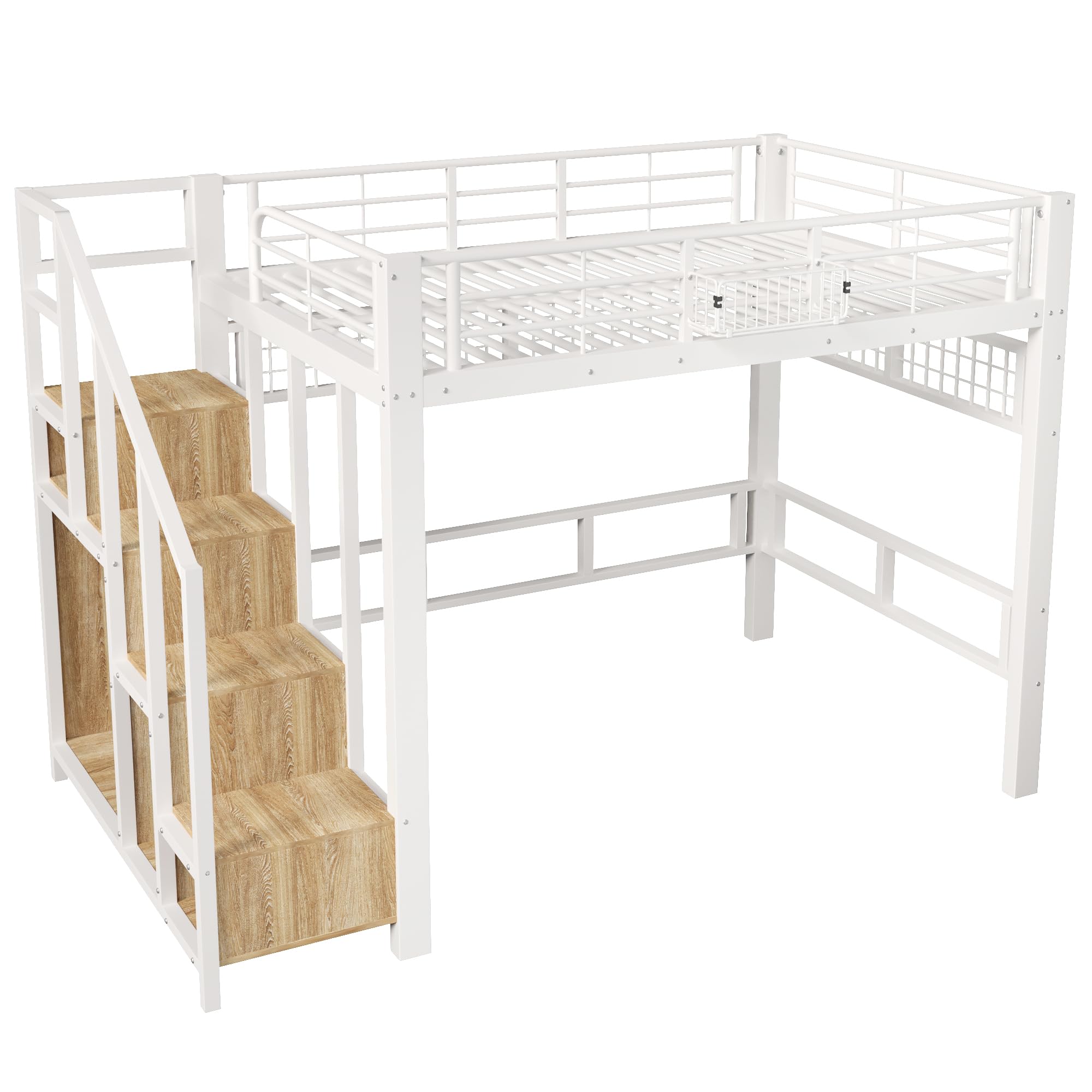 Cama alta, 140 x 200 cm, metal, rejilla para colgar objetos, con tira de luz LED, construcción de escaleras con espacio de almacenamiento, sin colchón, color blanco