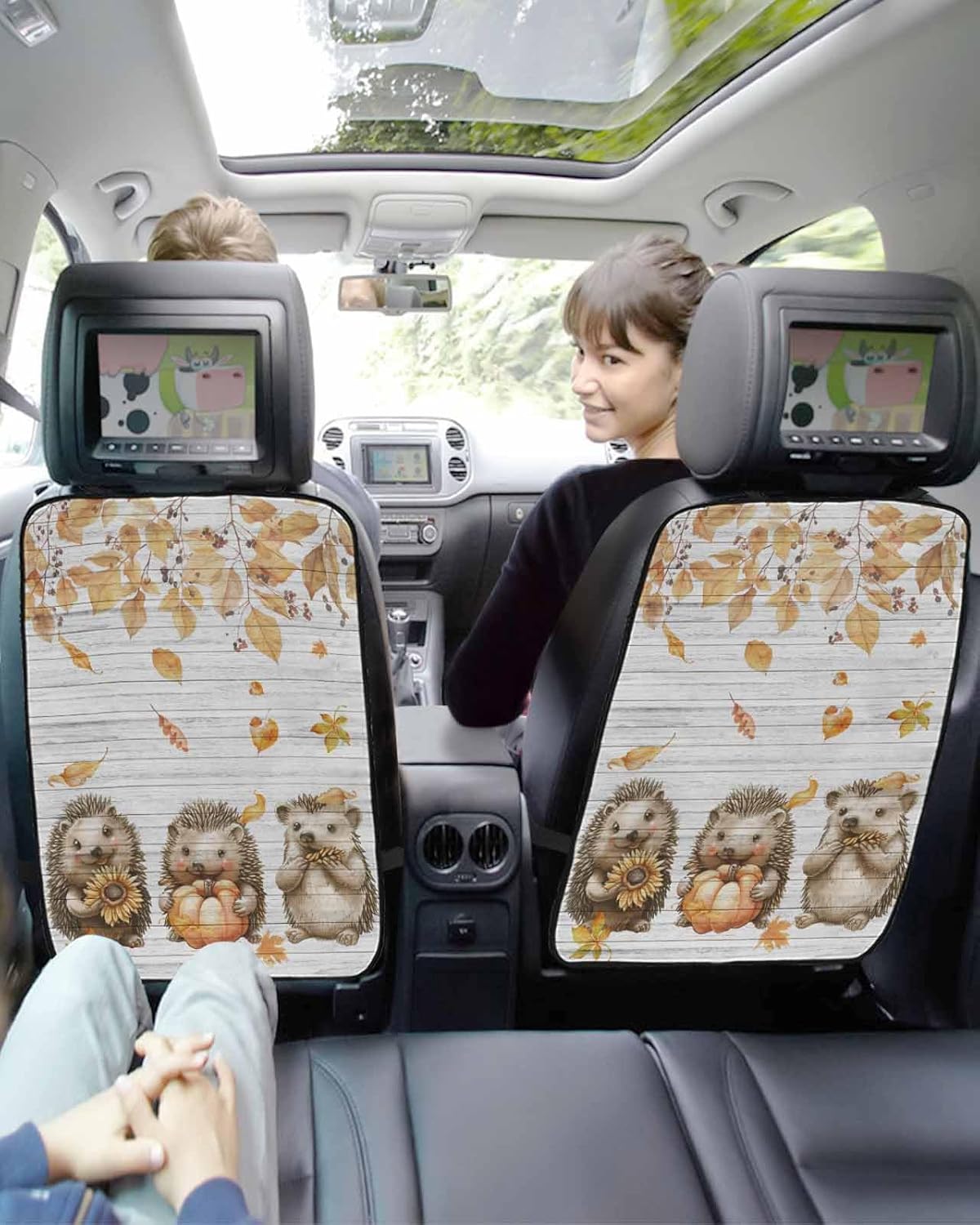Car Seat Protector, 2 Pack Kick Mats Back Seat Protector Fall Cute Hedgehogs Sunflower Pumpkin Leaves Wood Plaid Waterproof Backseat Cover for Kids Universal Fit Automotive Interior Protectors