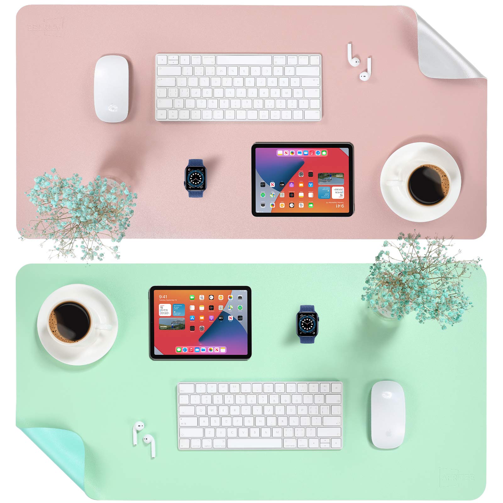 AFRITEE Desk Pad Protector Mat - Rose Pink/Silver, 31.5" x 15.7" & Light Green/Greenish Blue, 31.5" x 15.7"