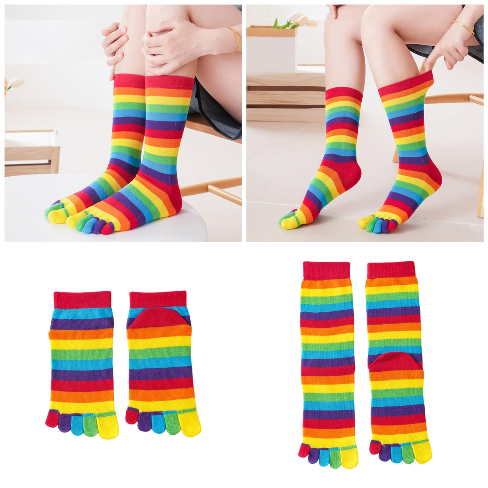 Dsgzkk Women Colorful Rainbow Split Toe Anklet Socks Winter Fall Five Finger Separated Middle Tube Socks