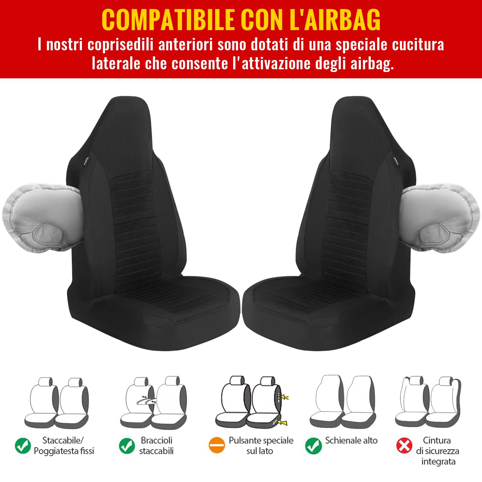 AUTOYOUTH Coprisedili Auto Anteriore Universale per Sedili Auto Schienale Alto Compatibile con Airbag, Nero