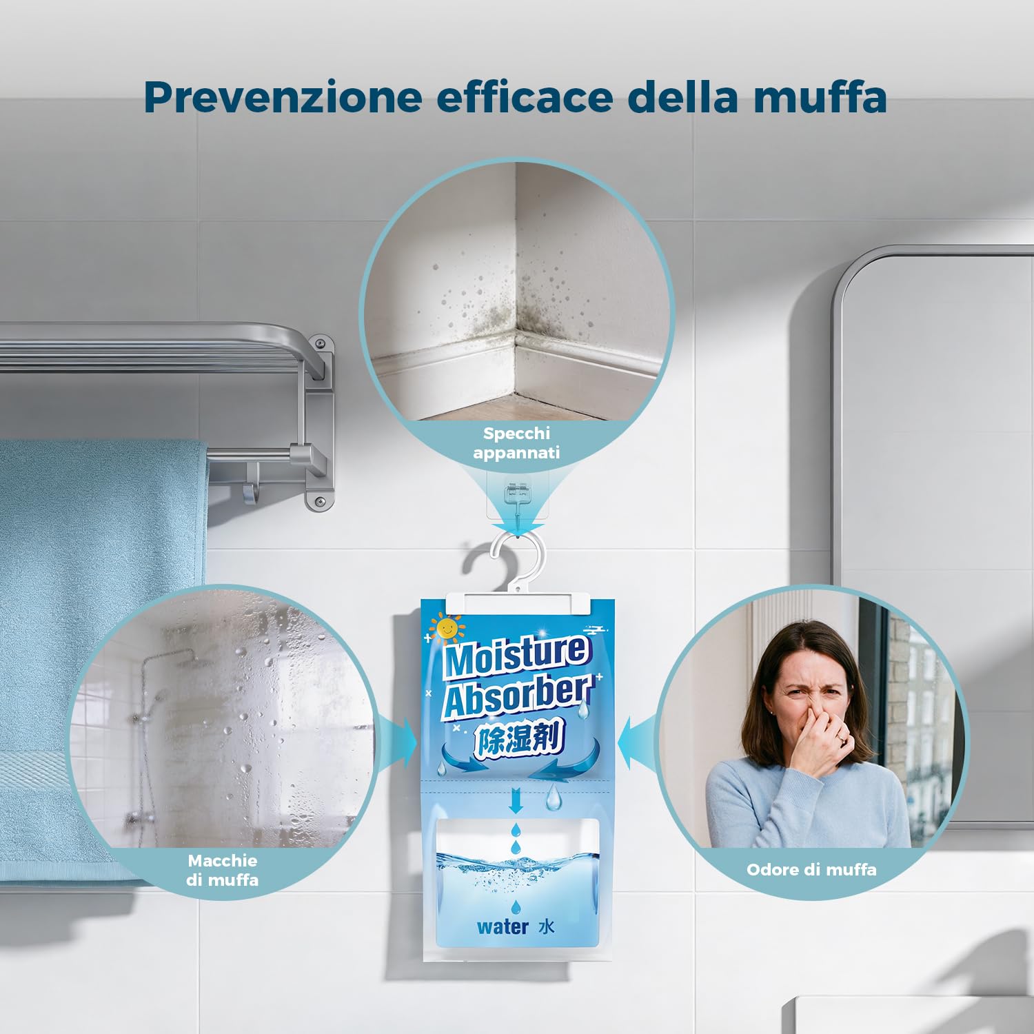 AROEVE Deumidificatore, 10 Confezioni x 150g Assorbitore di Umidità a Sospensione, Capacità 500 ml, Sacchetti Deumidificanti Antigoccia, Elimina gli Odori per Armadi, Credenze, Camere da Letto, Bagni