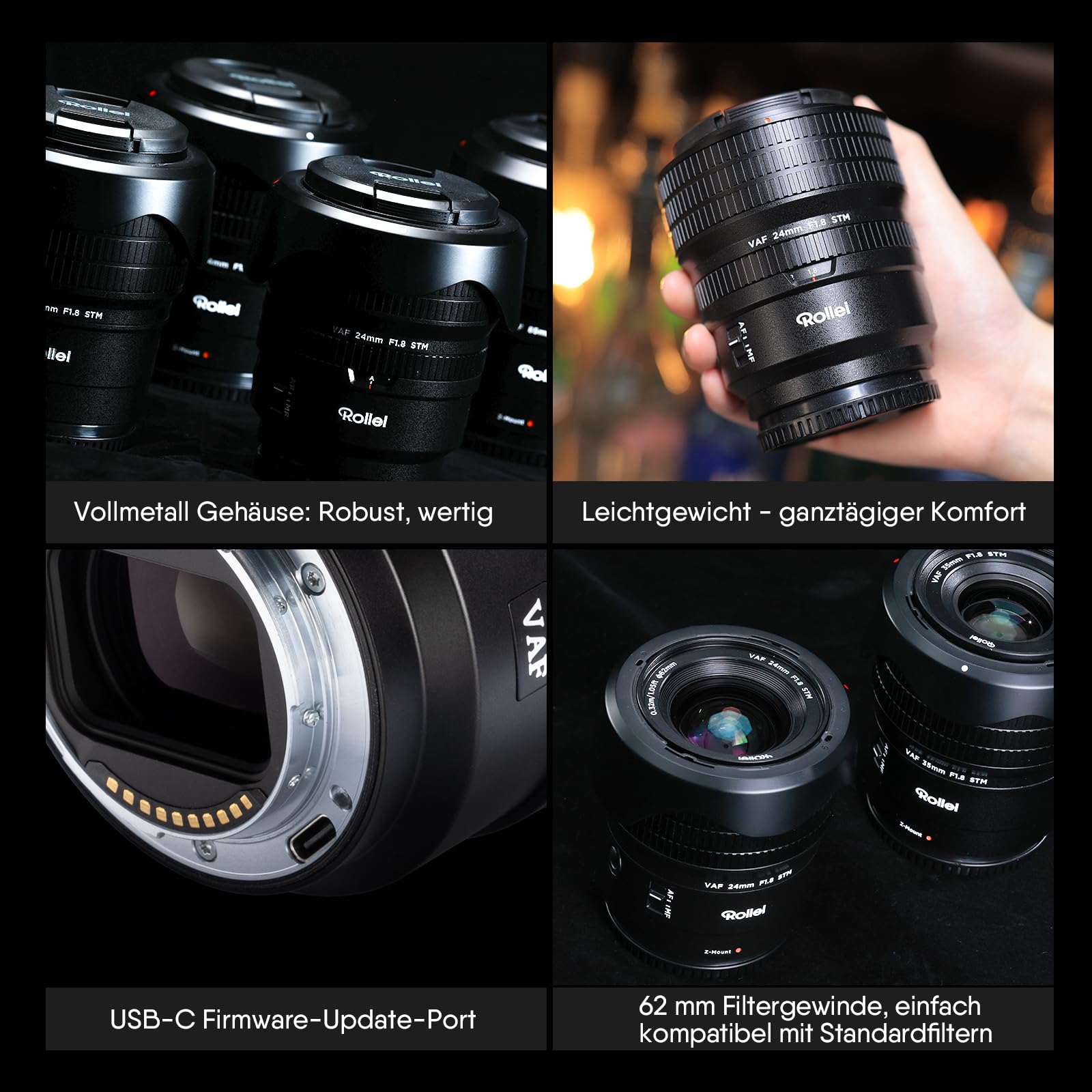 Rollei AF 24 mm F/1.8 Vollformat Objektiv für Sony FE mit STM-Autofokus | Vollmetall Gehäuse 477g Kompatibel mit APS-C FX30/ZV-E10/A6000–A6700/A5000/A5100 und Full Frame ZV-E1/FX3/A1/A1II/A9/A7 Series
