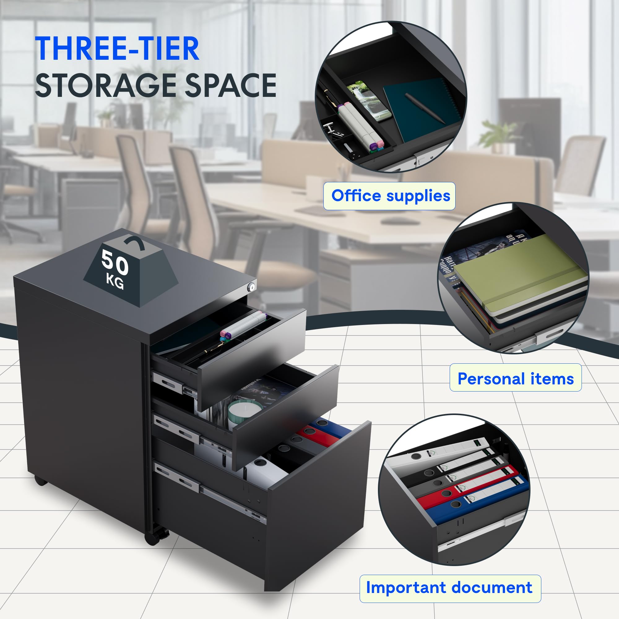 FLEXISPOT Classeur 3 tiroirs, Coffre de Bureau à roulettes, Armoire verrouillable avec système Anti-basculement, Armoire de Rangement pour Documents pour la Maison et Le Bureau, Noir