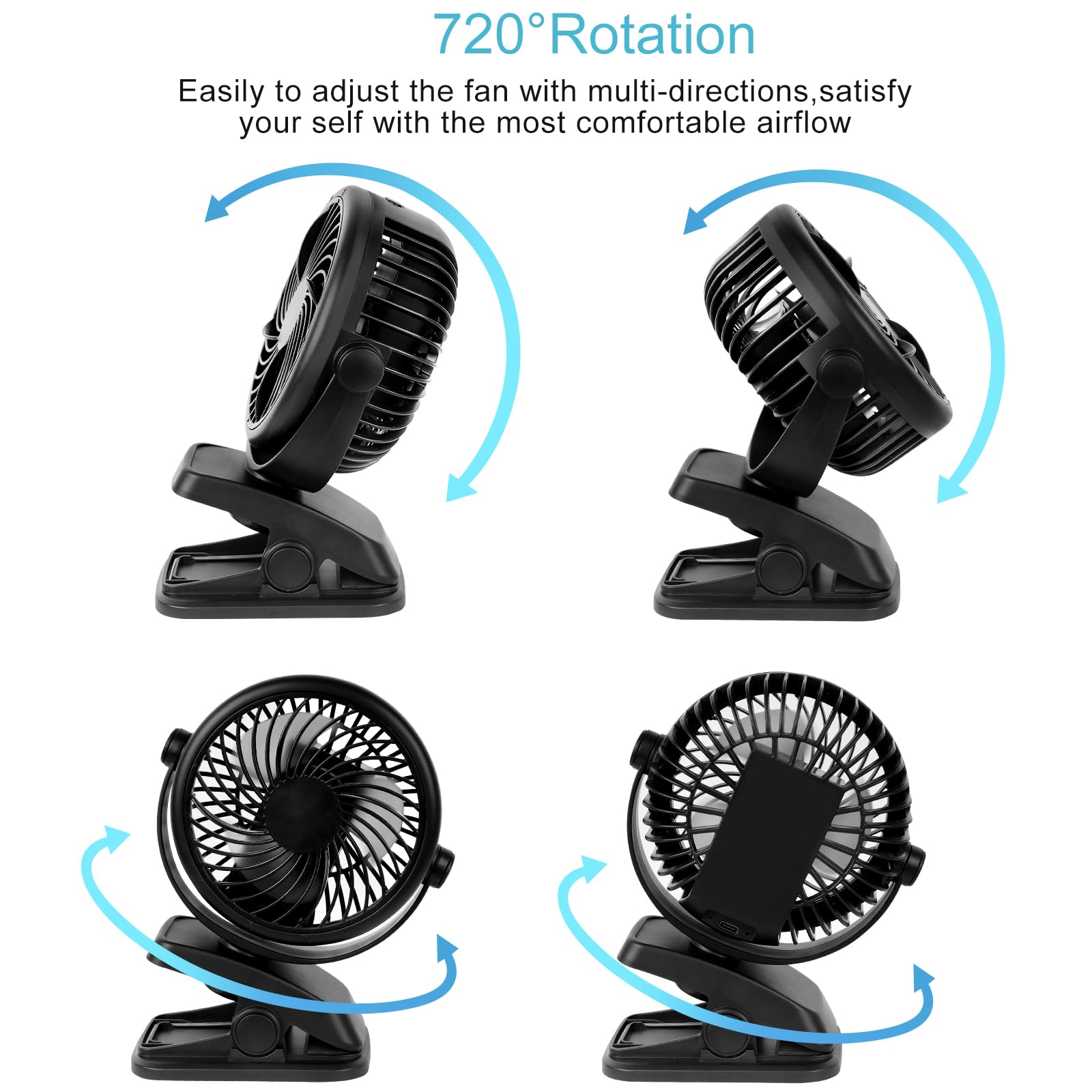 Mini ventilatore USB, ventilatore portatile silenzioso con batteria ricaricabile, 3 velocità, 360 velocità rotanti per camera da letto, ufficio, passeggino, campeggio