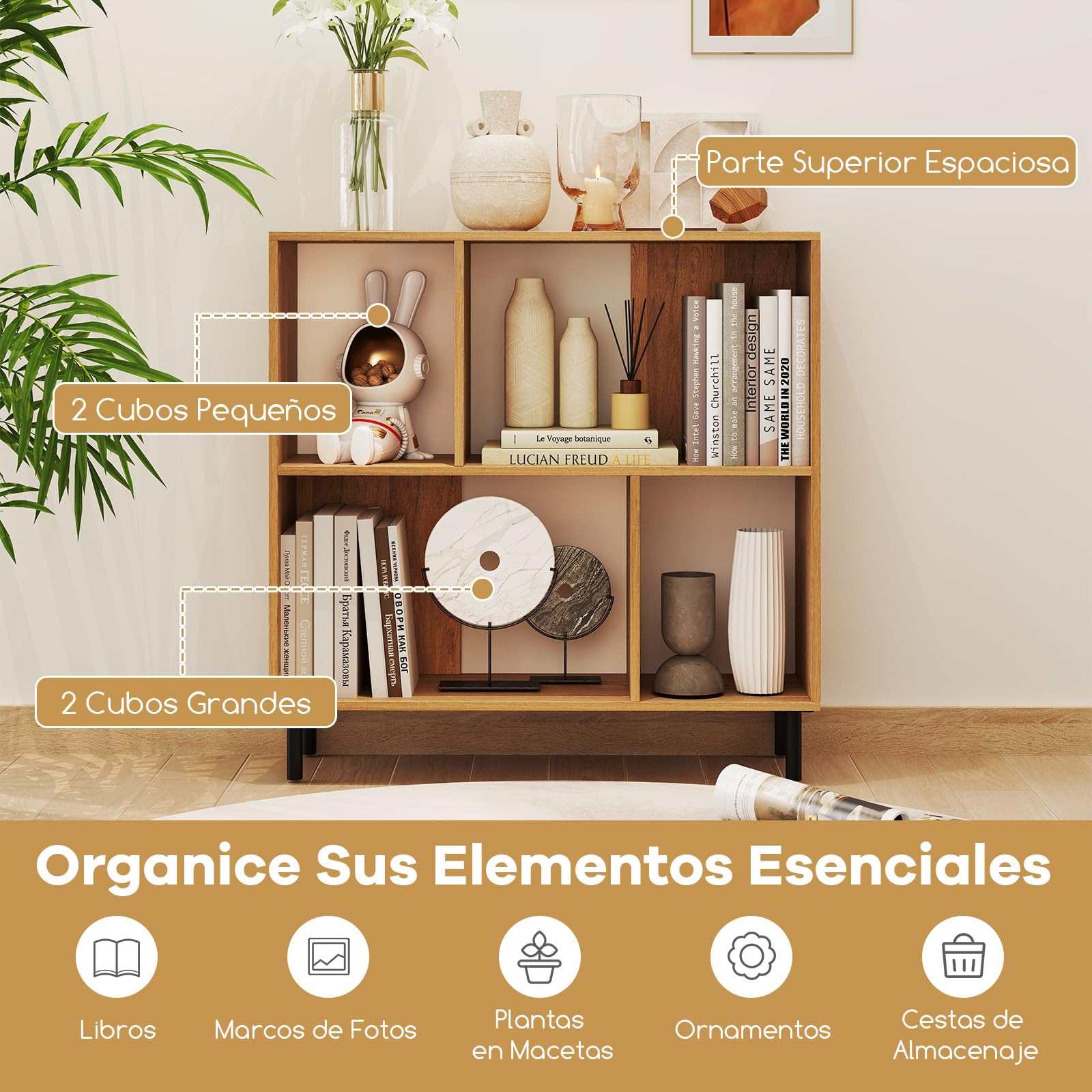 COSTWAY Libreria Estanteria, Estanteria Libros de Madera de 4 Cubos, Estantería de Piso de 2 Niveles con Patas Metálicas, Estante Horizontal de Almacenaje，90 x 30 x 90 cm (Natural)