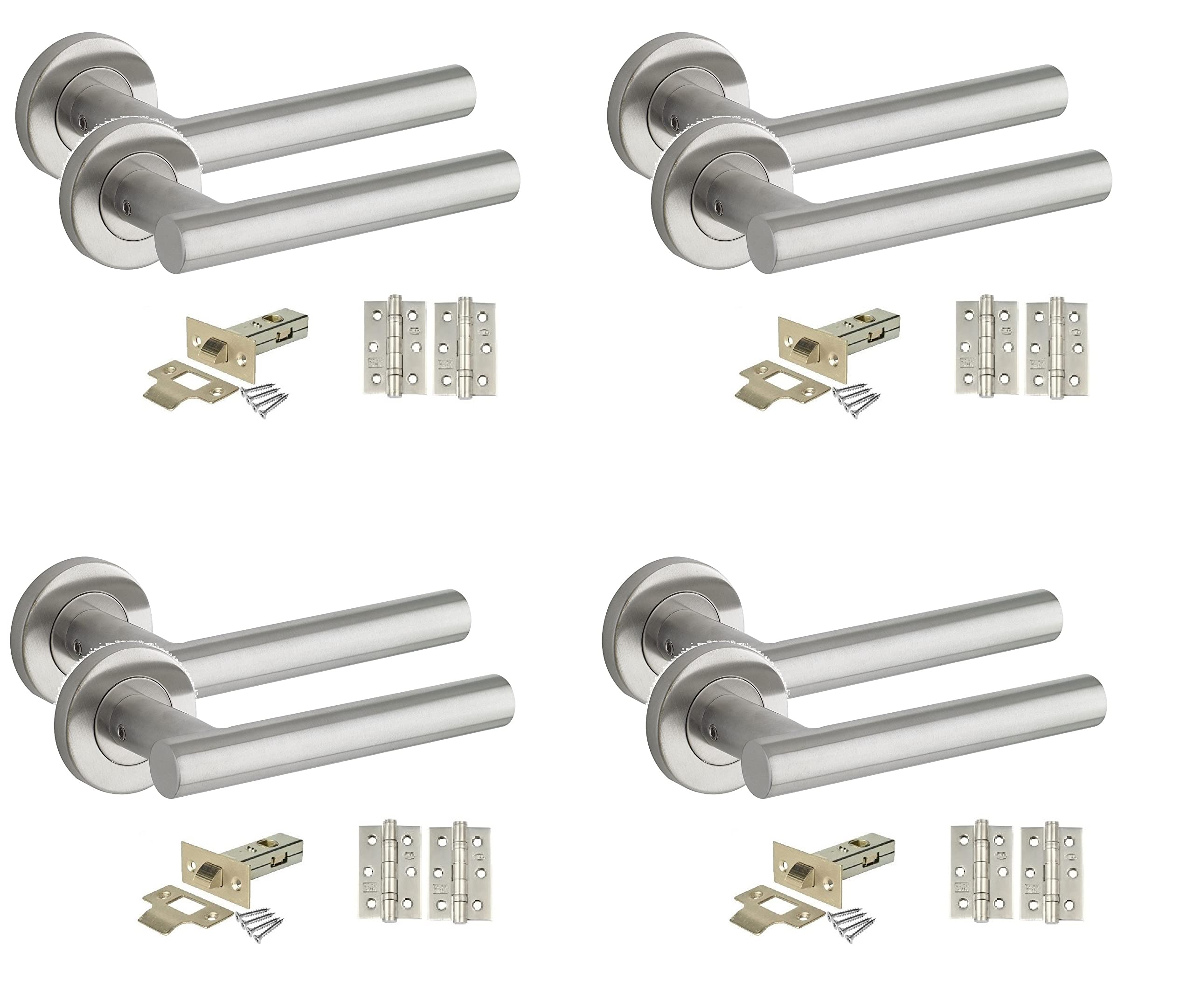 B&Q -  4 Set Straight T-Bar Door Handles Satin Nickel Finish Round Rose With Ball Bearing Hinges & Tubular Latch