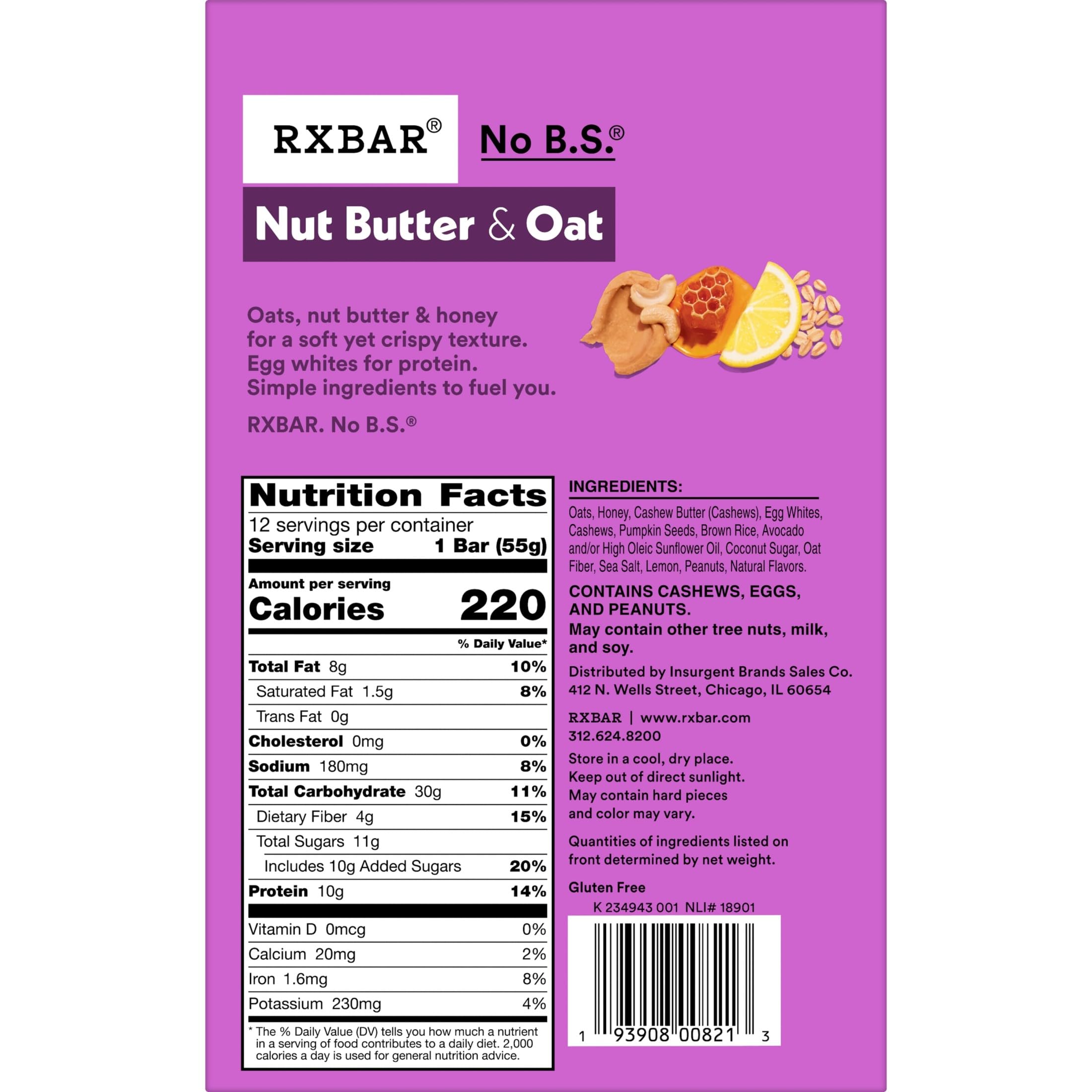 RXBAR Barrette proteiche al burro di noci e avena, snack proteici, snack bar, burro di anacardi al miele e limone, scatola da 22 once (12 barrette)