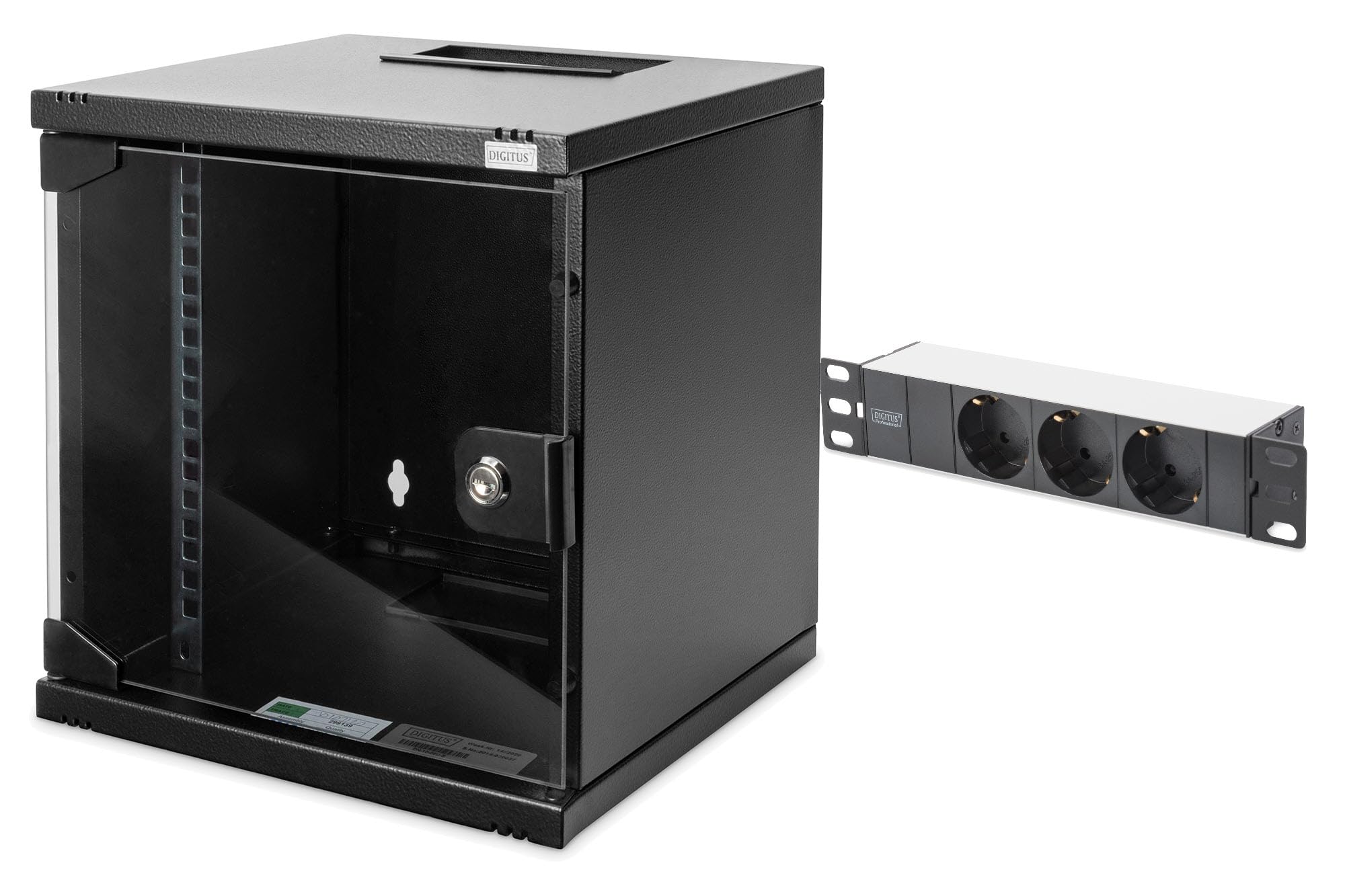 DIGITUS Set: 10" 6HE Netzwerkschrank + 3-Port PDU Steckdosenleiste // 10-Zoll Rack – Wandmontage – HxBxT 330 x 312 x 300 mm – Traglast 30kg – Nutztiefe 240mm – Schwarz