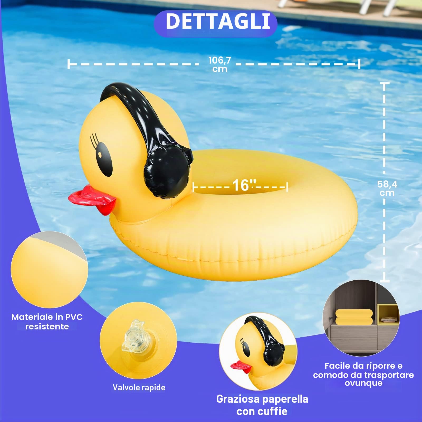 DeeprBetter Gonfiabile Piscina Galleggiante con Luci, Animali da Piscina Galleggianti a Energia Solare Anello da Nuoto per Adulti, 107 cm Galleggiante Piscina Anatra Giocattoli Gonfiabili per Piscina