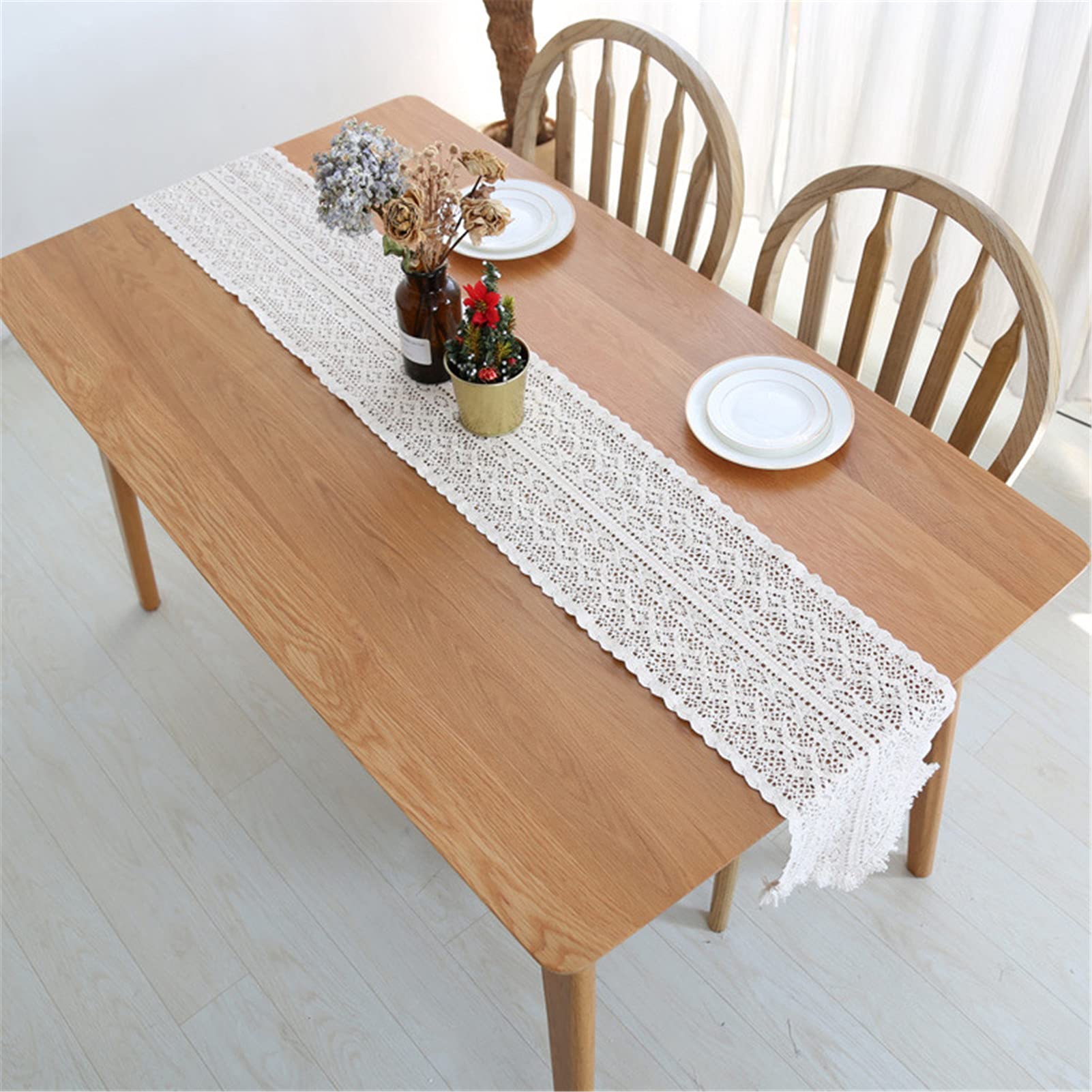 Eleganter Makramee Tischläufer Mit Quasten Für Rustikales Hochzeits-/Party, Häkelspitze,Baumwolle Hohle Tischdecke Im Boho-Stil,Weiß,24x210cm