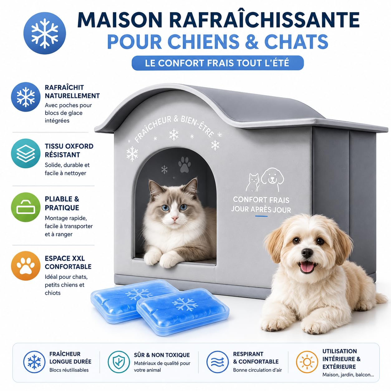 Maison Rafraîchissante pour Chat et Petit Chien – Lit Climatisé avec Poches pour Blocs de Glace – Niche Fraîche Pliable en Tissu Oxford – Couchage Été Anti-Chaleur Taille L