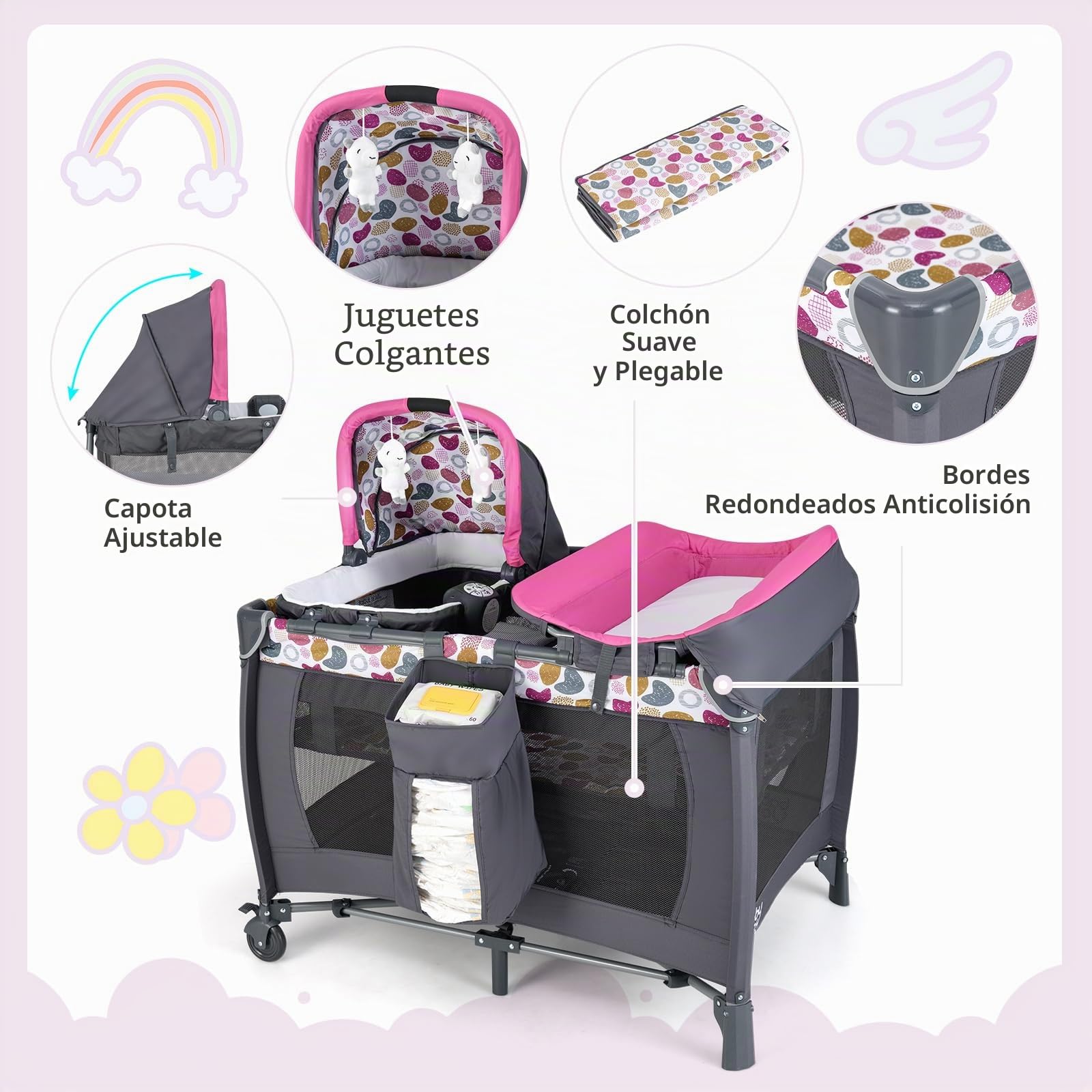 RELAX4LIFE 5 en 1 Cuna con Cambiador, Moisés, Juguetes Colgantes, Caja de Música, Bolsa de Transporte y Altura Ajustable, Cuna de Viaje Plegable, Parque Infantil para Bebé 0-3 Años (Rosa Fuerte)