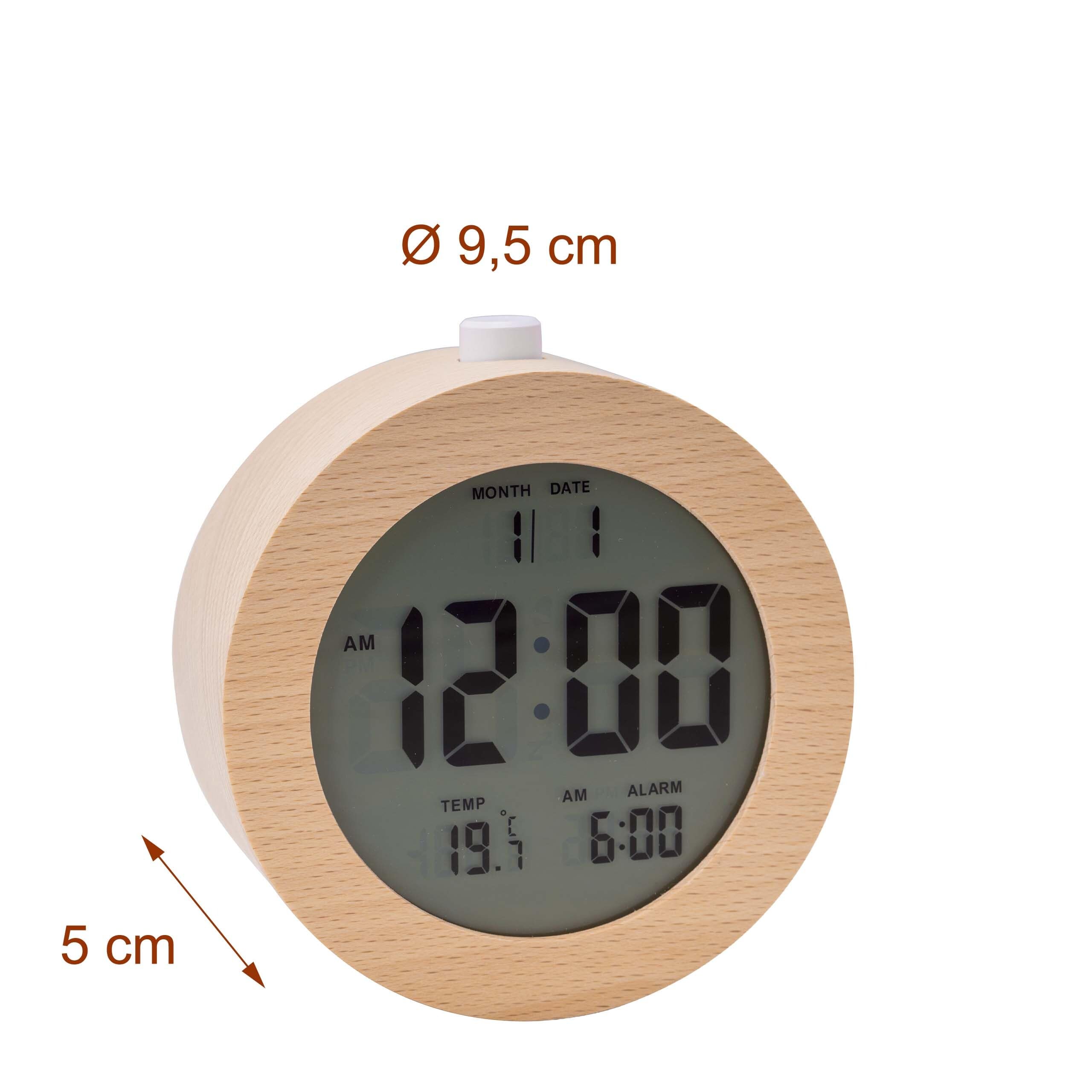 Relaxdays Despertador Digital de Madera con indicador de Fecha y Temperatura, función de repetición, luz, Reloj Despertador Digital Redondo, Color Natural