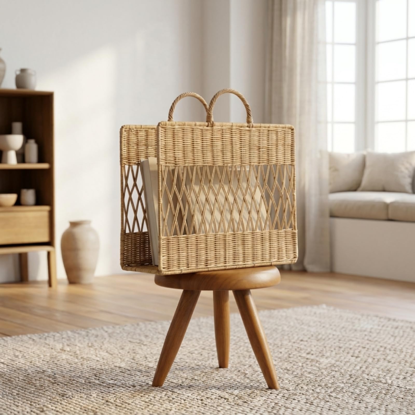Porte-Revues avec Poignées Naturel Panier Rangement En Osier Rustique Panier Rangement avec Poignées pour Salon
