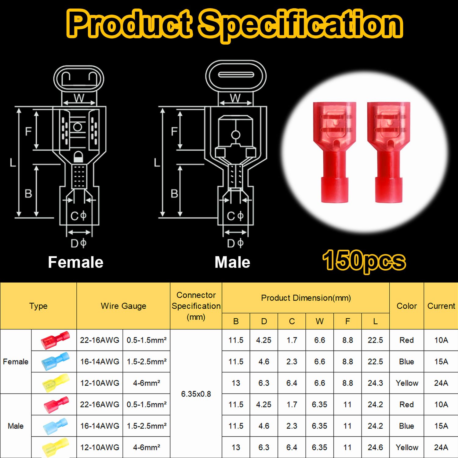 Quick Disconnect Spade Connectors 22-18 AWG 100-Pack Red Quick Disconnect Spade Connectors - 22-18 AWG, .110", Vinyl, Made In USA Quick Disconnect Wire Connectors - Foto 3