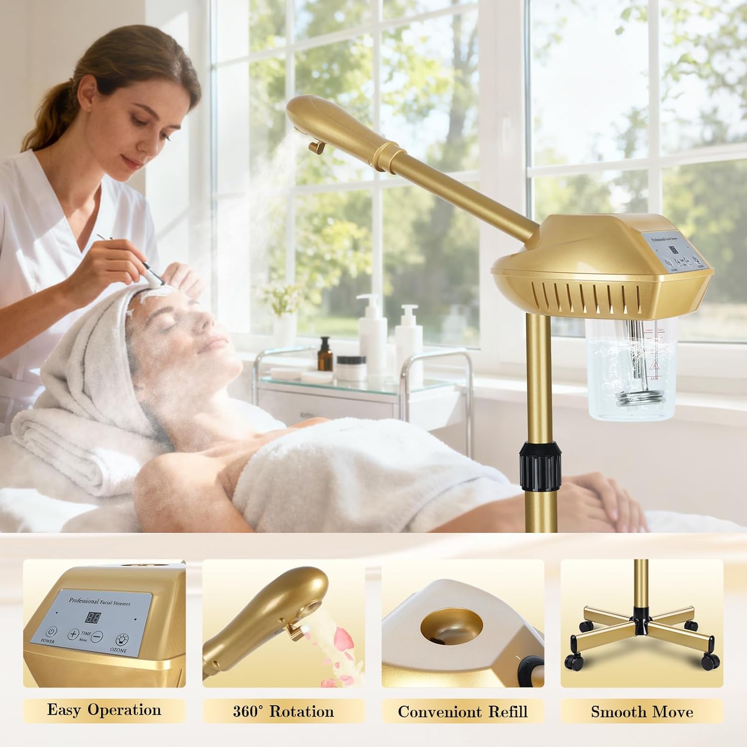 Facial Steamer Professional with More Steam for Deep Cleansing and Hydration, Steamer for Facial with Time Setting, Face Steamer Adjustable Height for Beauty, Spa and Home Use, Gold