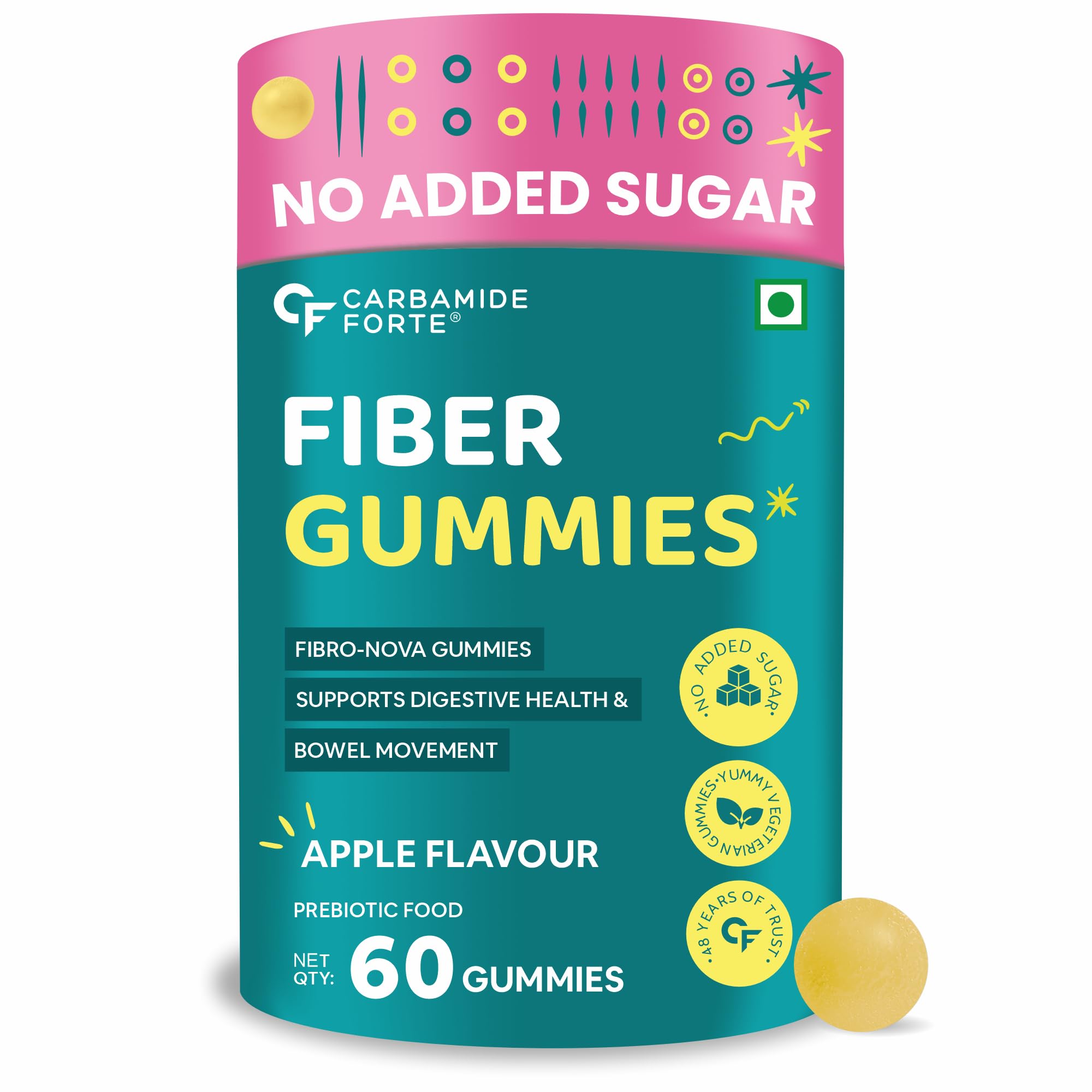 Carbamide Forte Fiber Gummies | Daily Fiber Supplement Gummies | Dietary Fiber Supplements For Constipation | Healthy Digestion, Weight & Blood Sugar Management | 60 Veg Apple Flavoured Gummies
