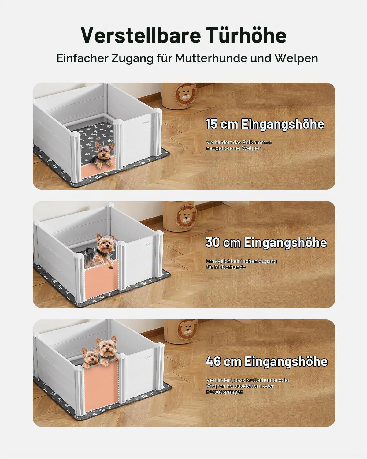 VEVOR Wurfkiste für Hunde, 98x98x46cm, Welpenlaufstall aus Kunststoff-PVC mit höhenverstellbarer Tür & waschbarer PIPI-Unterlage, verformungssicherer Welpenkiste für mittelgroße Hunde, milchweiß