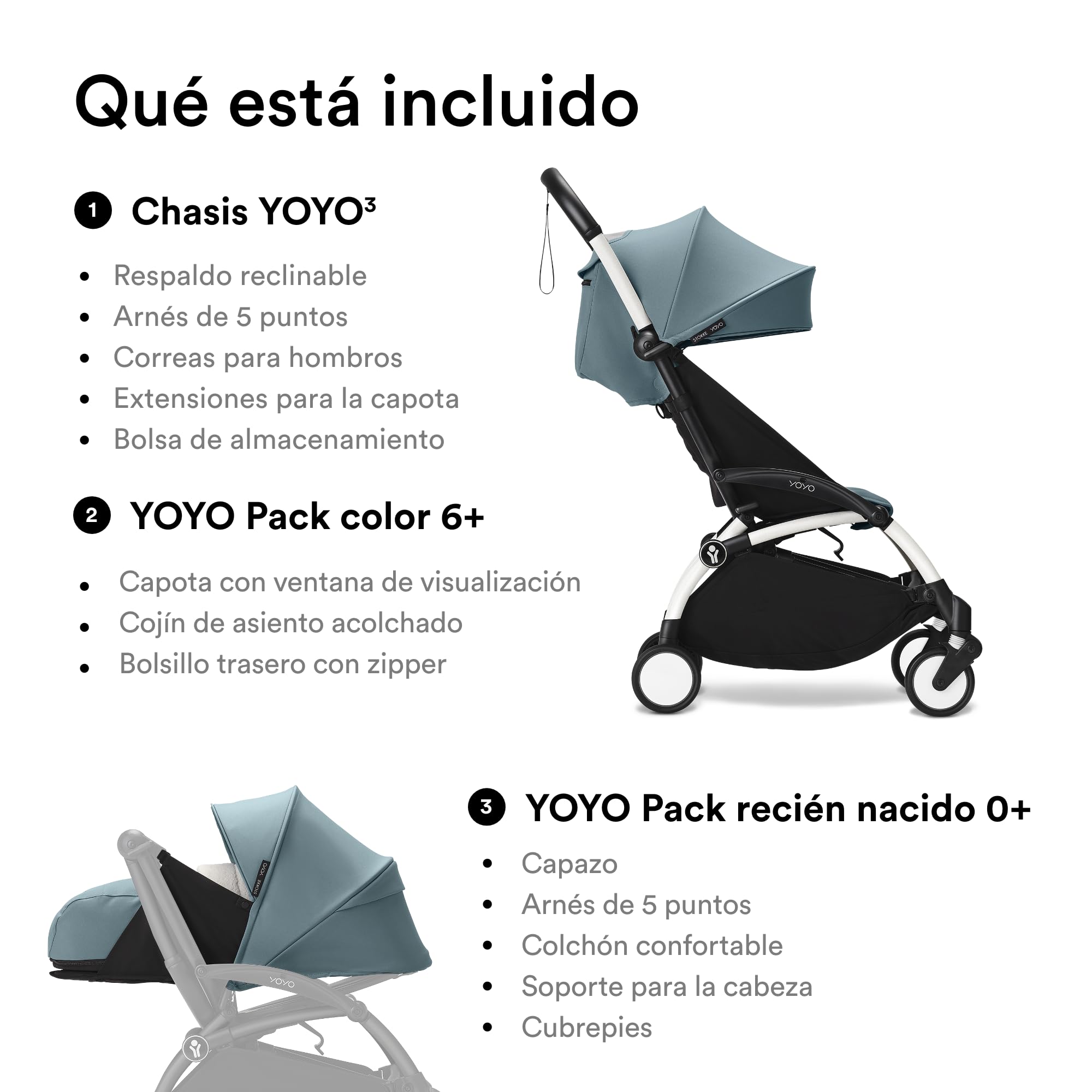 Cochecito YOYO3 de Stokke con Pack para Recién Nacido: Incluye chasis en blanco, pack color 6+ para YOYO (Aqua) y pack para recién nacidos 0+ (Aqua)