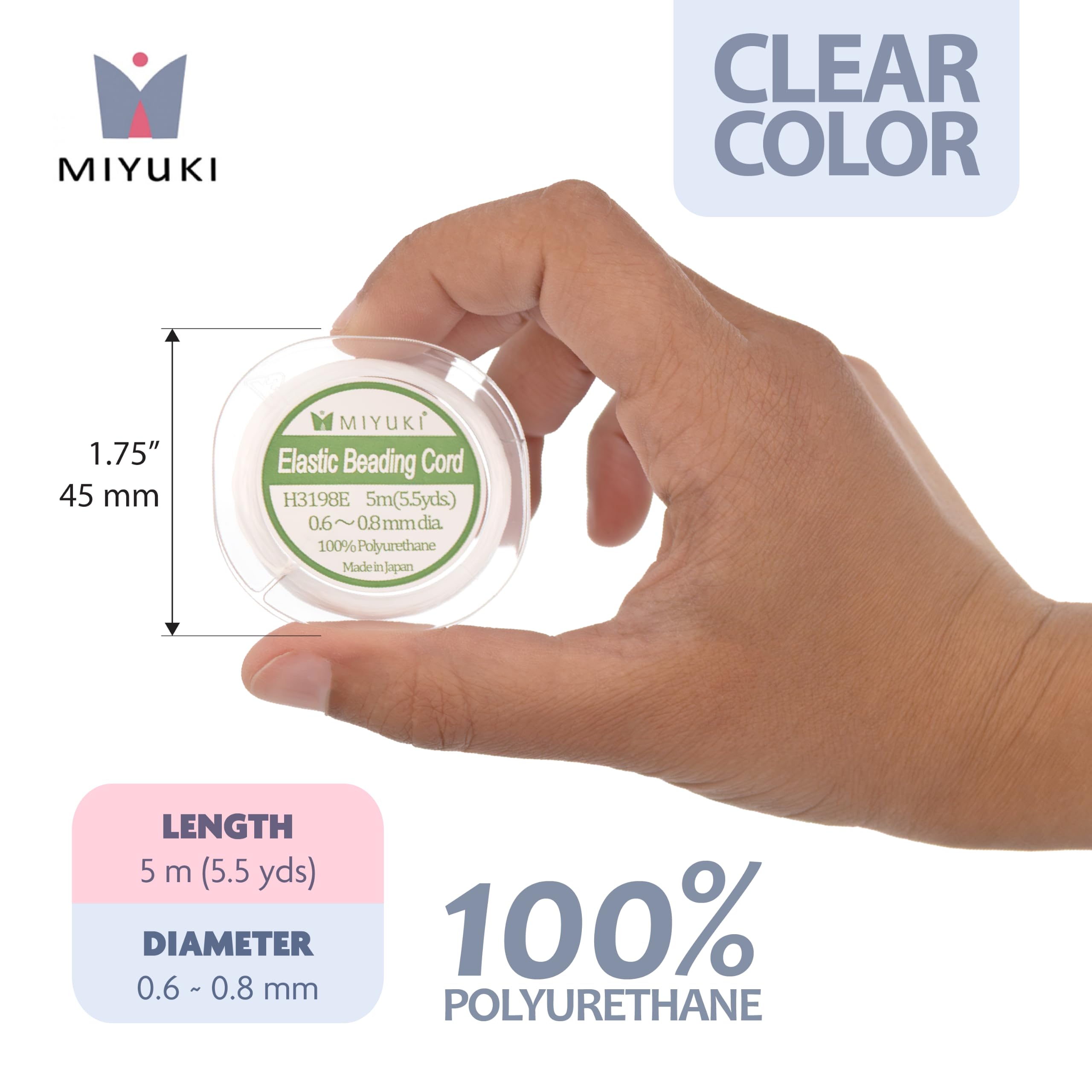 Miyuki Cordón elástico para Abalorios, Transparente, 0,8 mm de diámetro, Carrete de 5 Metros, cordón elástico Premium para bisutería y Abalorios.