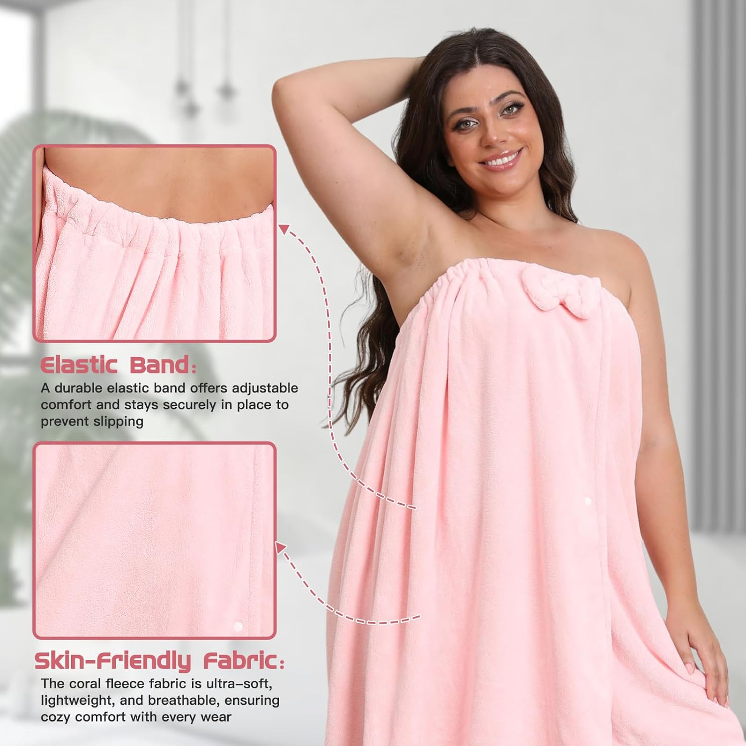 Towel Wrap with Hair Towel for Women (XXL-XXXXL), Oversize Bath Towel Wrap, Large Shower Wrap Spa Bathrobe, Hair Quick Drying Towel and Adjustable Body Wrap, 82.68x31.5'', Pink - Image 6