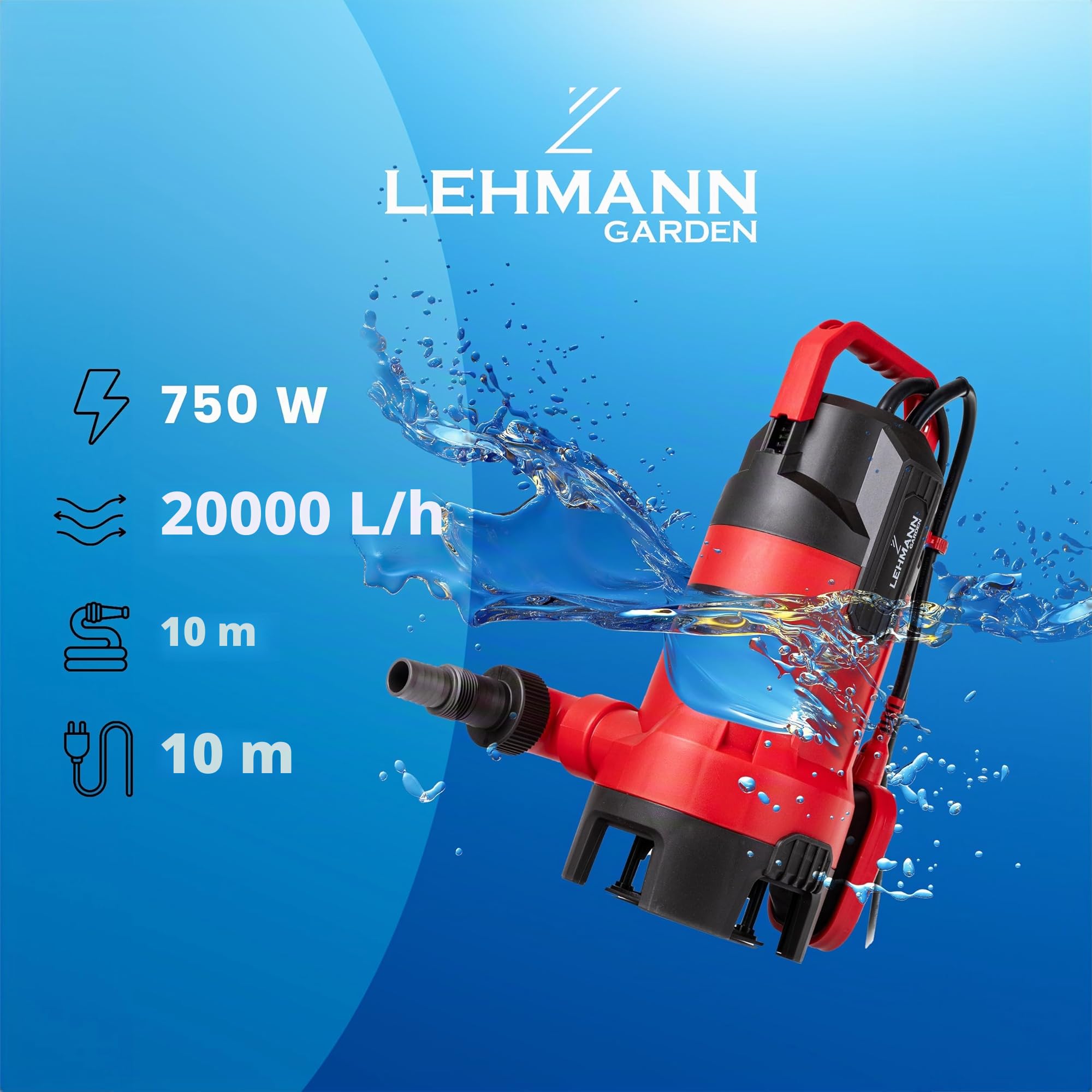 LEHMANN Pompa Sommersa con Galleggiante Integrato, 750W, Pompa Sommergibile per Acqua Sporca e Pulita, Portata 20000 l/h, Altezza Massima 10 m, Particelle Ø 35 mm, IPX8