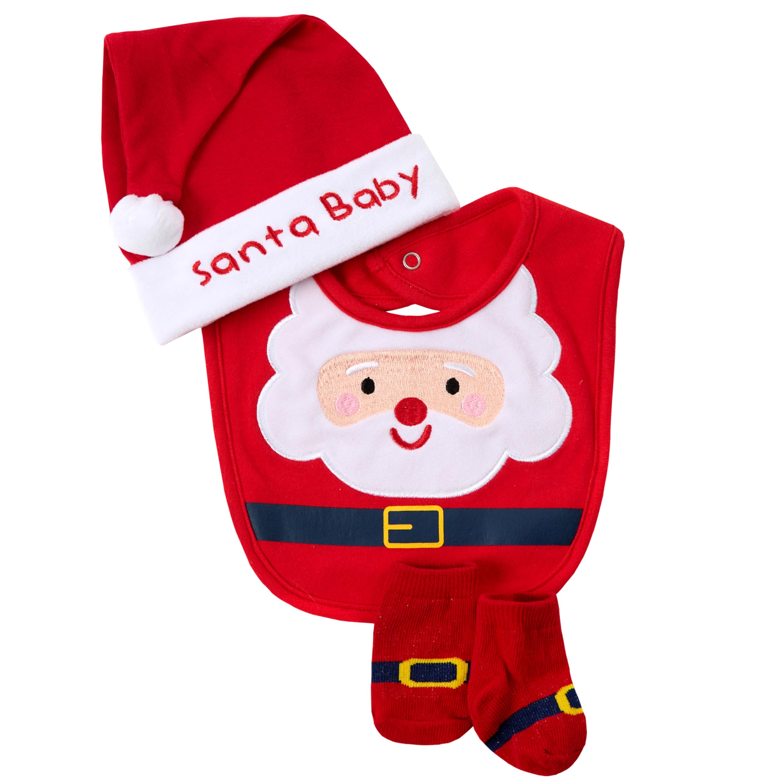 Metzuyan WS-AW23 Baby Girls Boys Unisex Christmas 3 Pieces Gift Set Hat Bib and Socks Matching Xmas Accessories Santa 0-6 Months