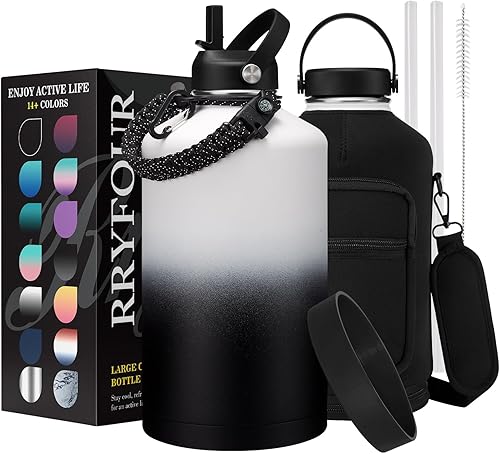 RRYFOUR Botella de agua de 1 galón aislada, jarra de agua de metal con mango de paracaídas, popote y tapa flexible, funda para botella de agua de