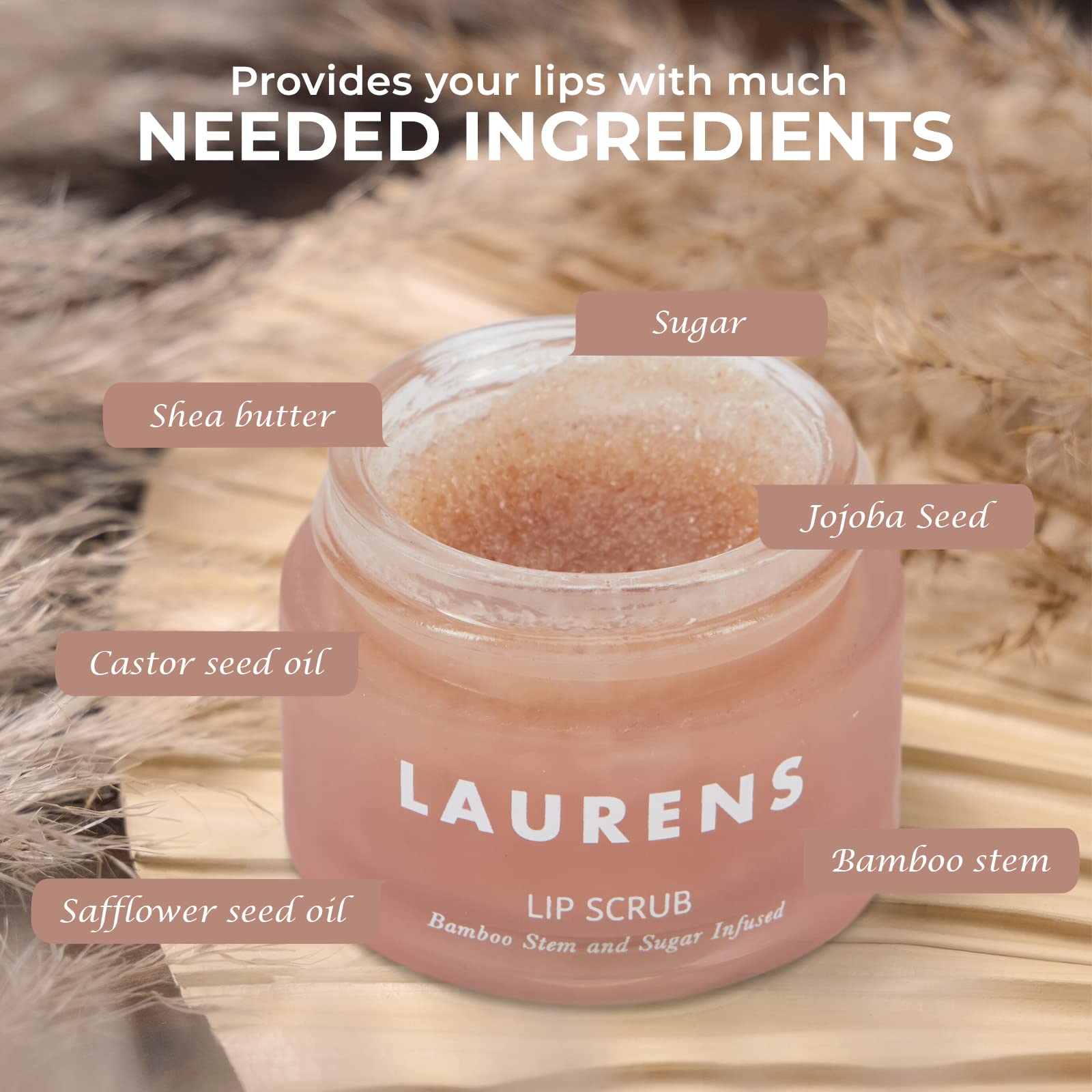 Lip Scrub From Skincare By Laurens- Hydrating Coconut Lip Scrub Infused With Bamboo Stem & Sugar- Lip Exfoliator Scrub And Moisturizer- Lip Sugar Scrub For Dry, Cracked & Chapped Lips- 0.5 oz (Peach)