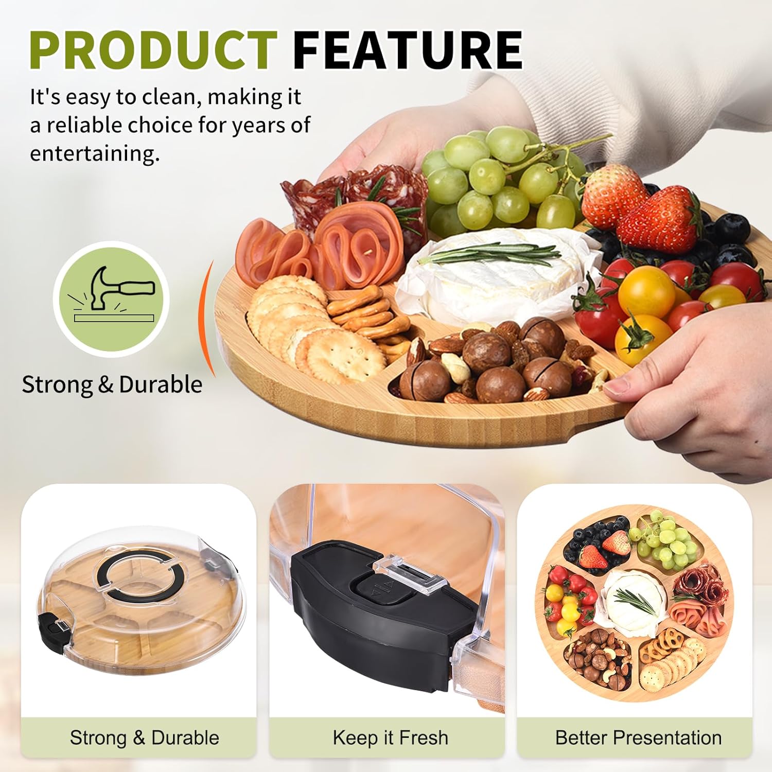 Round Charcuterie Board with Lid and Handle - Portable Cheese Board for Travel,Bamboo Cutting Board for Kitchen,Gifts for House Warming, Bridal Shower (7 Compartment, Black) - Image 3