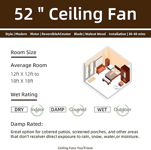 Miniatura 7 de Ventilador de techo de 52 pulgadas con control remoto de luz, ventilador de techo para patio al aire libre con luz LED, ventilador de techo moderno