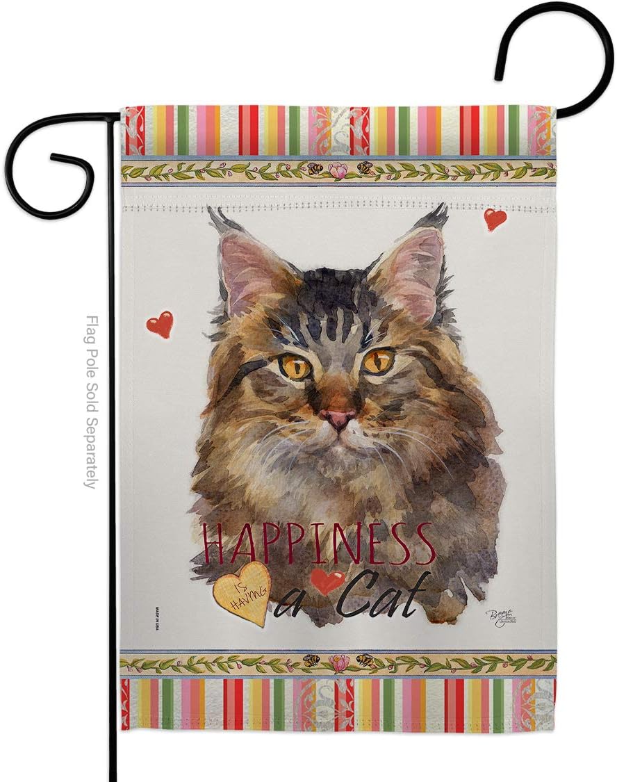 Maine Coon Happiness Burlap Burlap Garden Flag Animals Cat Kitten Meow Spoiled Paw Fur Pet Nature Farm Animal Creature Small Decorative Gift Yard House Banner Double-Sided Made In USA 13 X 18.5