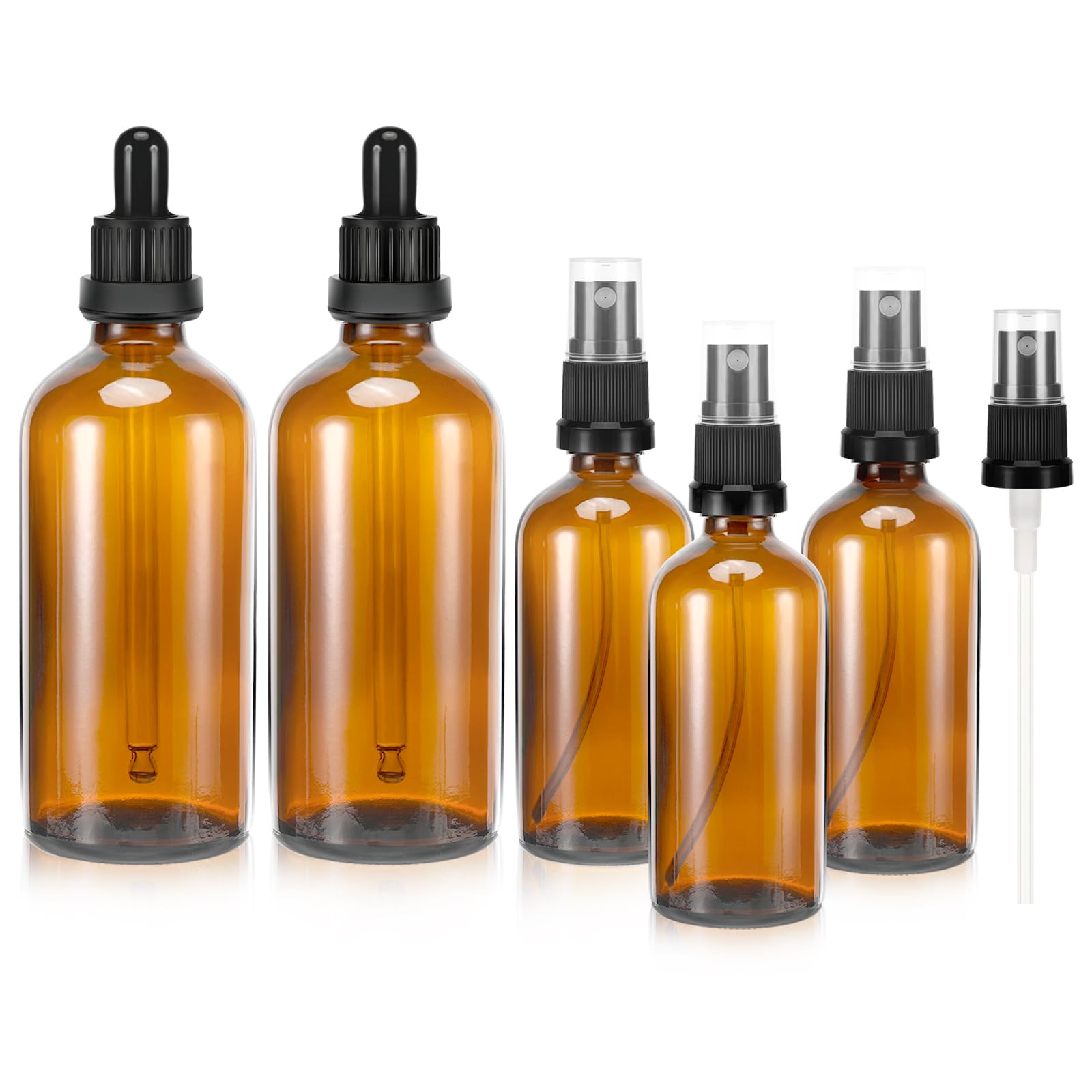 Zikenis 5 pezzi Braun nebulizzatore, 2 x 100 ml, 3 x 50 ml, con protezione UV, contagocce sostituibili e punte spray, forte tenuta, portatile, riutilizzabile, vetro, marrone