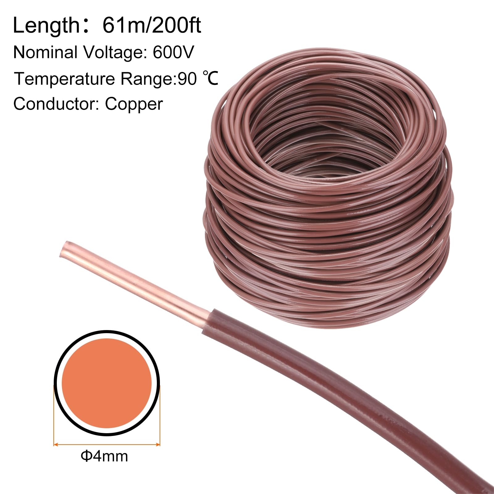 QUARKZMAN 200 Fuß Elektrischer Draht Isoliert Massivkupfer 14AWG Anschlusskabel THHN Draht Wohnbereich Industrie Erdung Elektrisch Bewertet Für 600 Volt UL Gelistet Braun