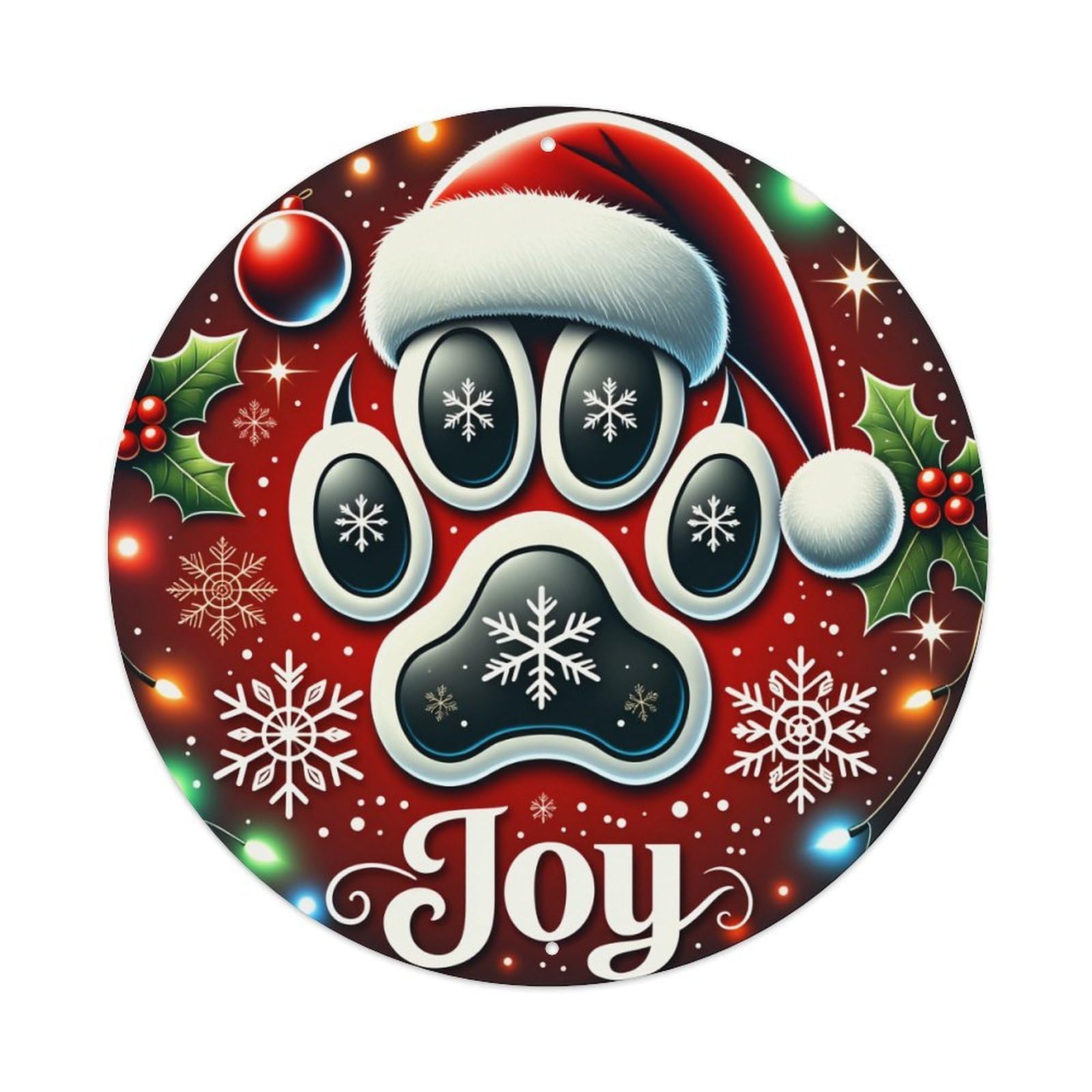 Christmas Paw Print Joy Pattern Round Tin Sign Vintage Style Metal Sign Home Bar Garden Wall Plaque Decor Metal Poster 8x8 Inch