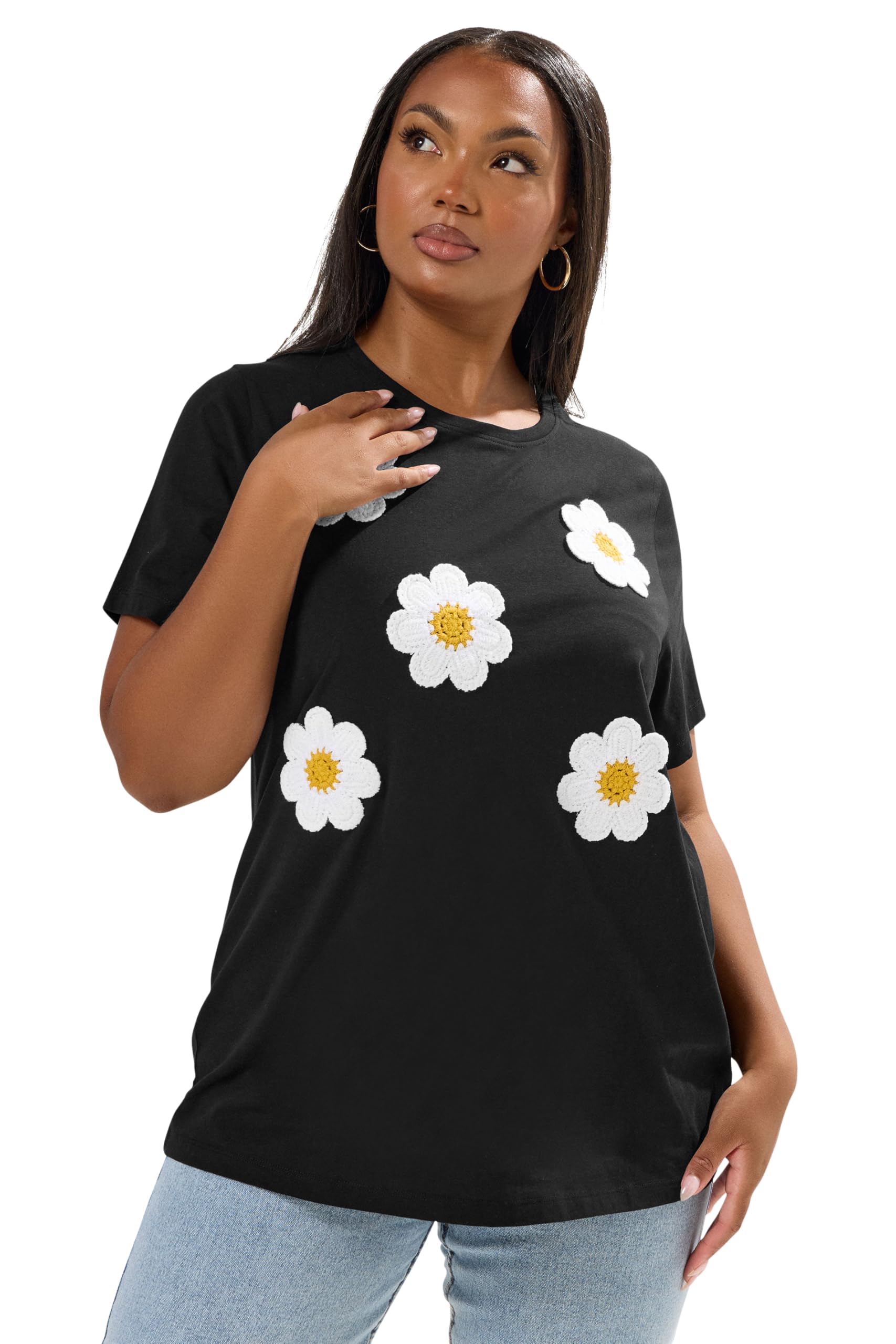 Yours Black Applique Daisy Cotton T-Shirt - Women's Size 30-32