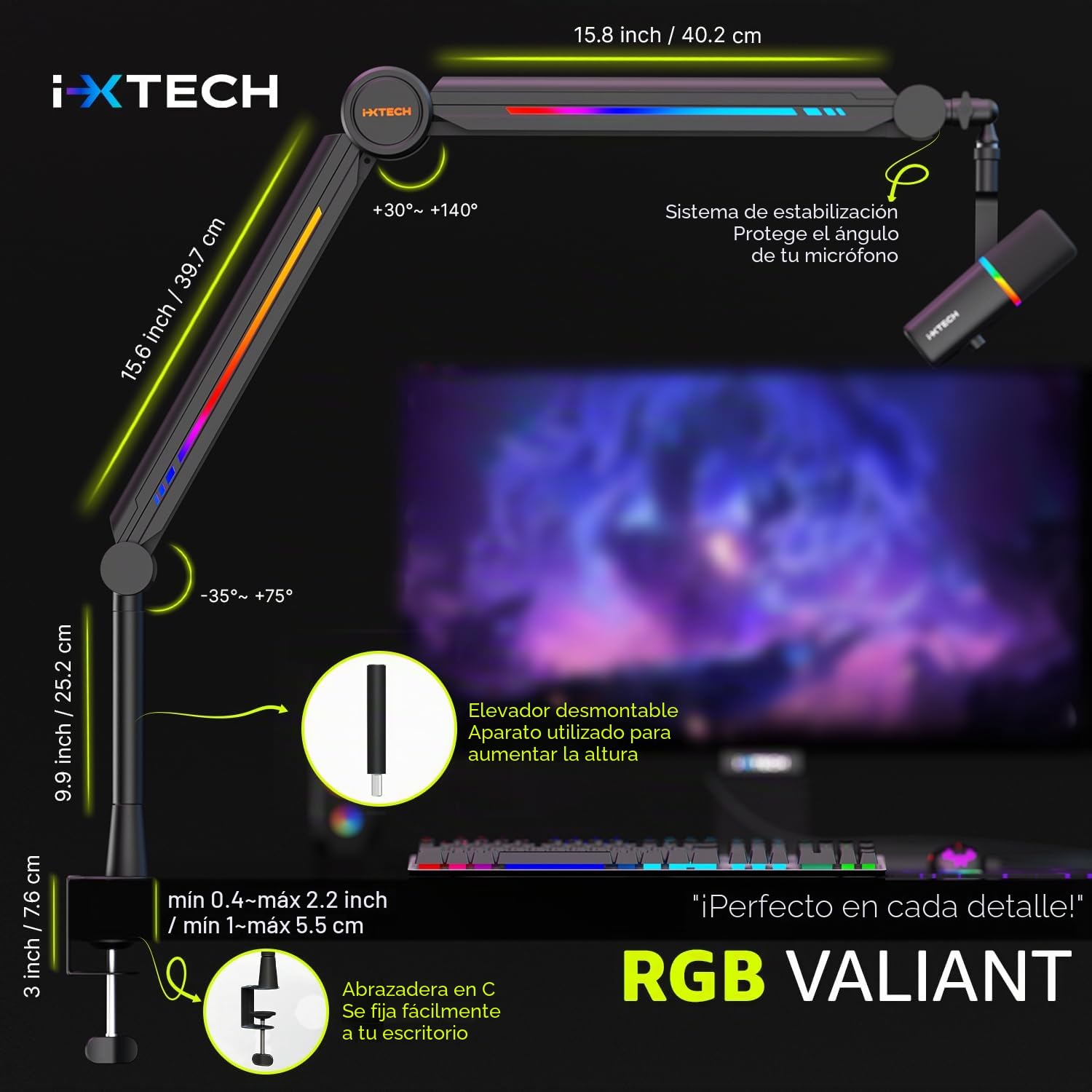 IXTECH Brazo de micrófono RGB de perfil alto, soporte de micrófono de brazo superior para escritorio, soporte de micrófono ajustable con soporte de escritorio, brazo de micrófono para transmisión en