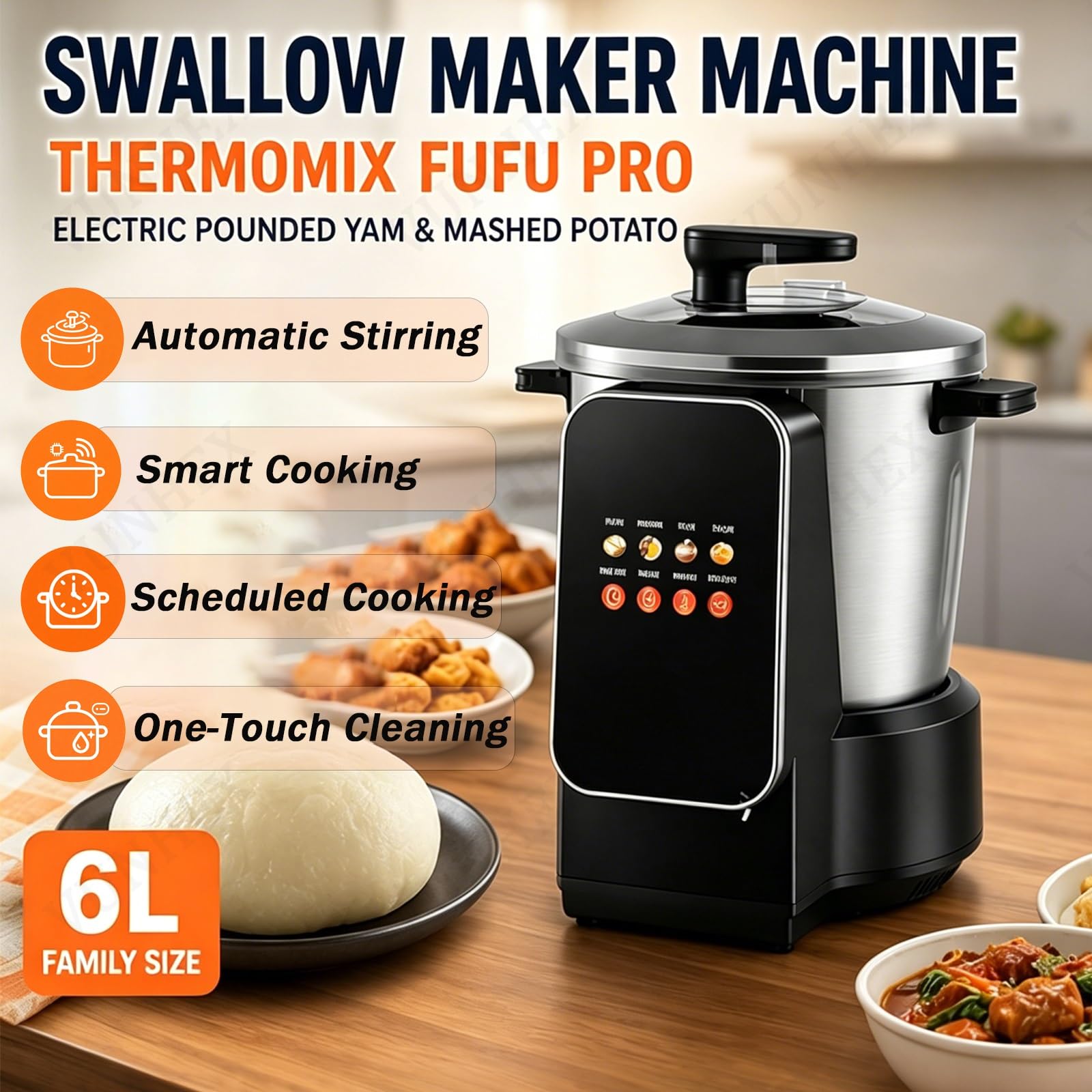 Machine Automatique Pour Pâtes Alimentaires Africaines (Fufu) | Robot culinaire grande capacité (6 L) avec écran tactile LED intelligent, pour Eba, Amala et Banku, accélère le service