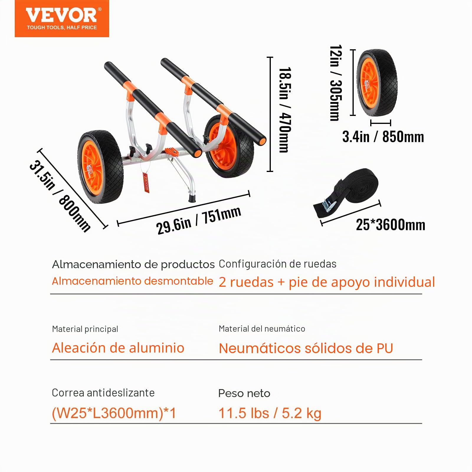 VEVOR Carrito de Kayak de Alta Resistencia Carga de 204 kg Carro de Transporte Desmontable para Canoas con Ruedas de 30,5 cm Pie de Apoyo Antideslizante y Correa de Amarre para Kayaks Canoas Botes
