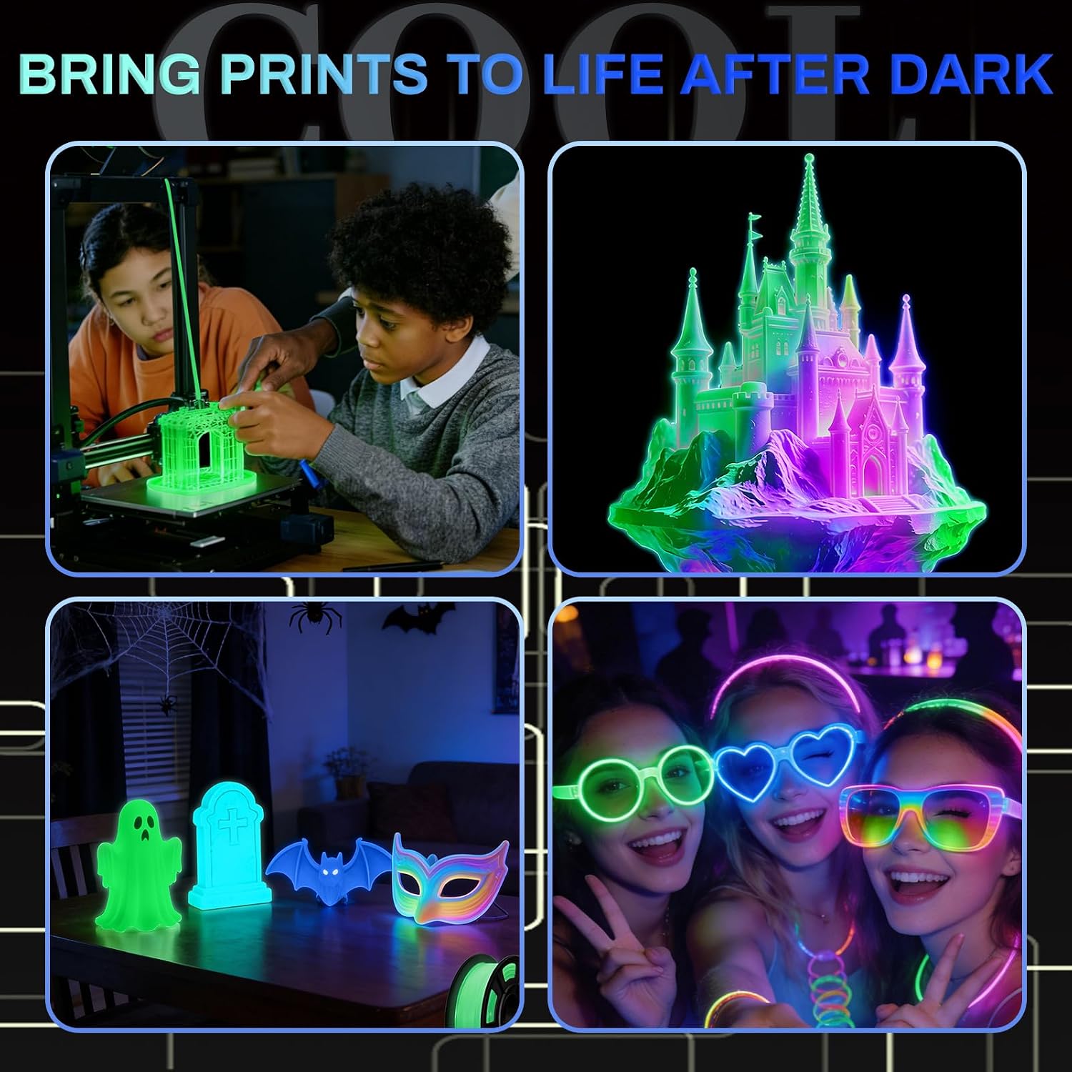 Glow in The Dark PLA+3D Printer Filament, PLA+Filament 1.75 mm, Stronger Lighting Effect, Glow Filament Multicolor for Most 3D Printers, 4 Spools 250g Each - Green, Blue, Blue-Green, Rainbow