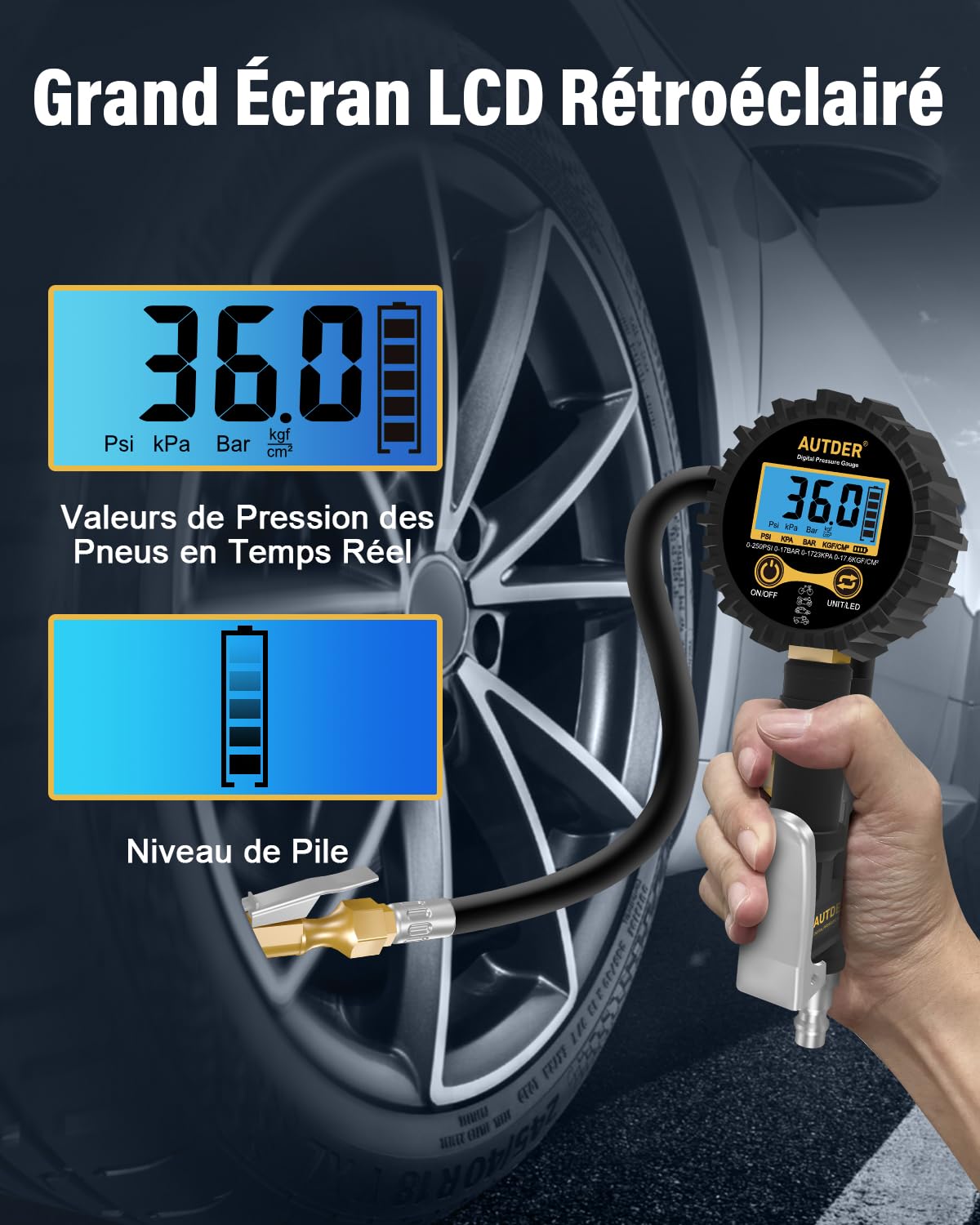 Manomètre Numérique Pression Pneu + Gonfleur – Testeur Précis 0-235 PSI Pour Voiture, Moto, Vélo, Ballon – Kit Complet Avec Accessoires