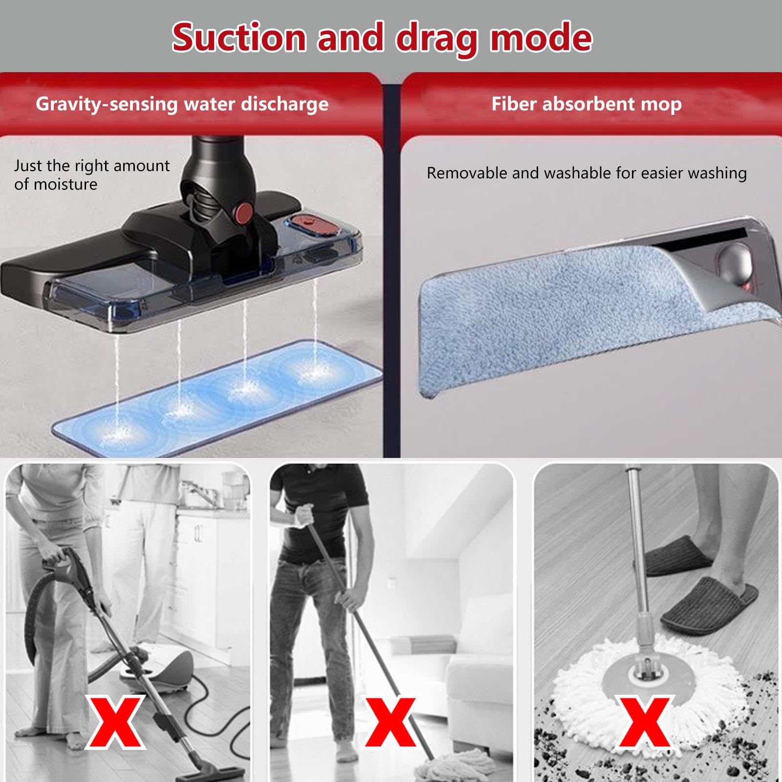 Lavapavimenti Senza Filo 5 in 1 Portatile, 400ml Serbatoio, Lavapavimenti Senza Filo Leggero Versatile Aspira E Lava Pavimenti Casa per Pavimenti, Tappeti, Capelli di Animali,Red