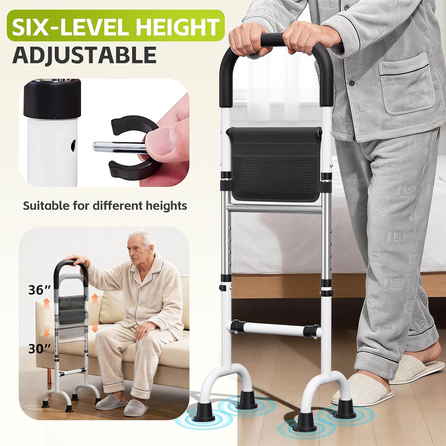 Walking Cane Portable Stand Assist Rail Bar for Recliner Chair Toilet; Quad Canes for Seniors; Hip Knee Replacement Aid; Height Adjustable 30" to 36'' Suitable for Elderly