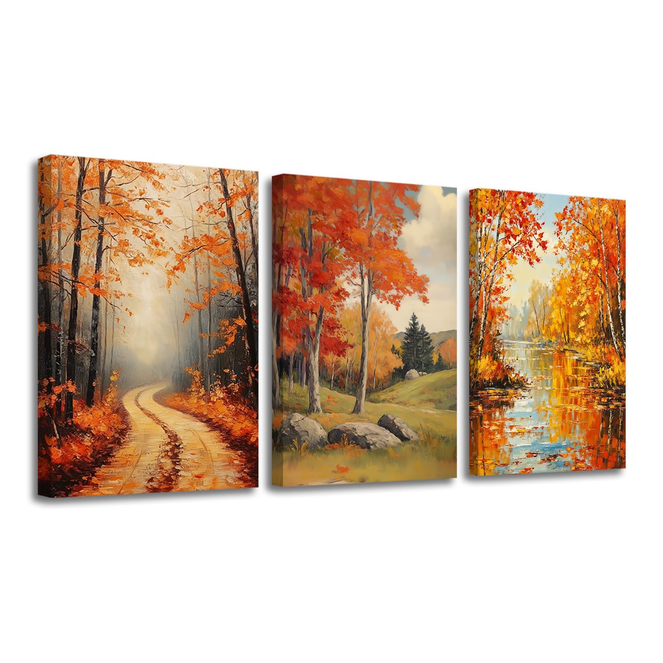CXHOSTENT Autumn Picture Wall Art 3 Pieces Fall Forest Canvas Prints Maple Leaves Tree Painting Forest Path with Mountains Scenery Poster Home Decor Framed (Yellow, 11x14inchx3 Pieces)